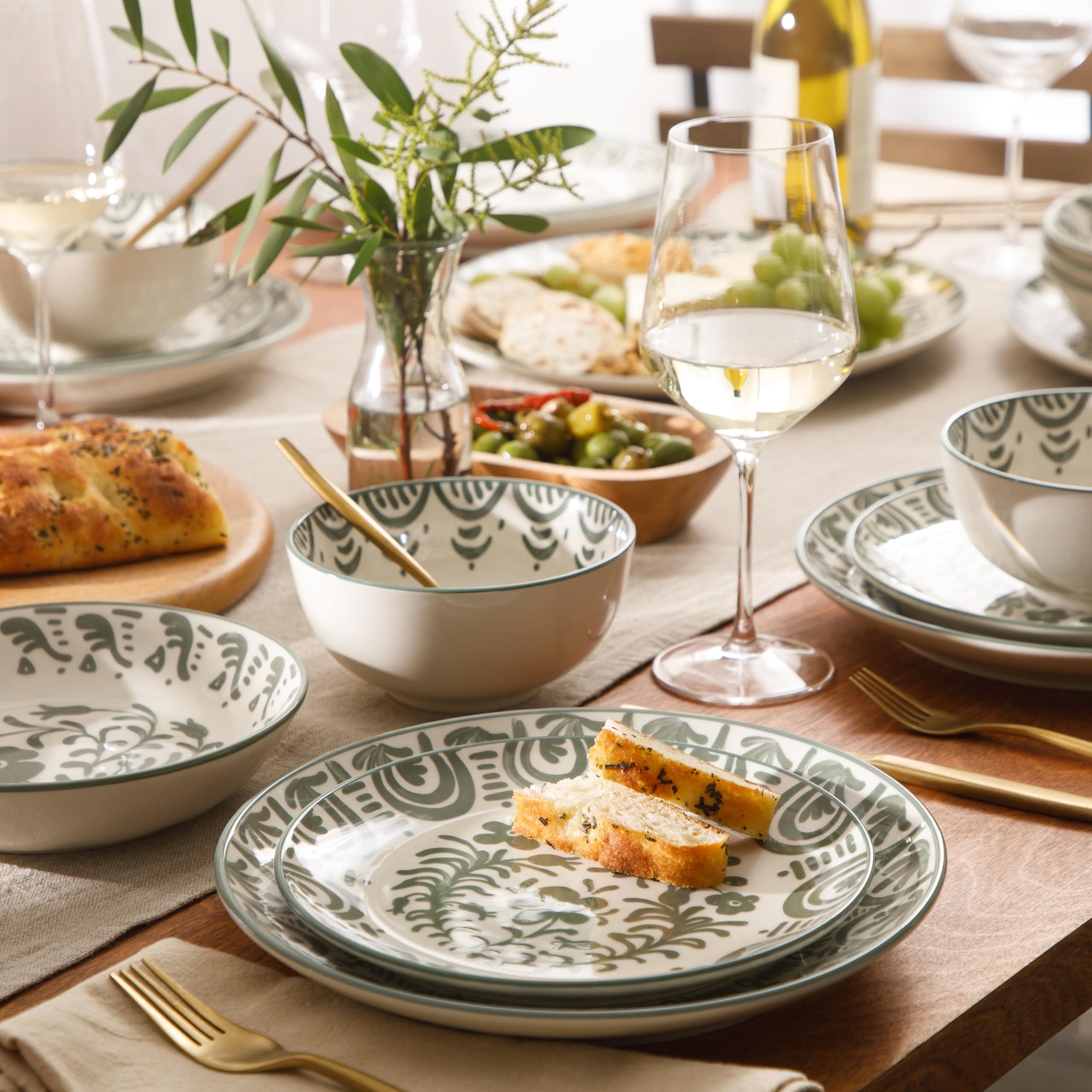 Bloomhouse - 2-Time Oprah’s Favorite Things - Valencia Flor 16 Piece Dinnerware Set, Artisanal Decorated Stoneware Plates & Bowls, Service for 4, Microwave & Dishwasher Safe, Fern Green, view 2