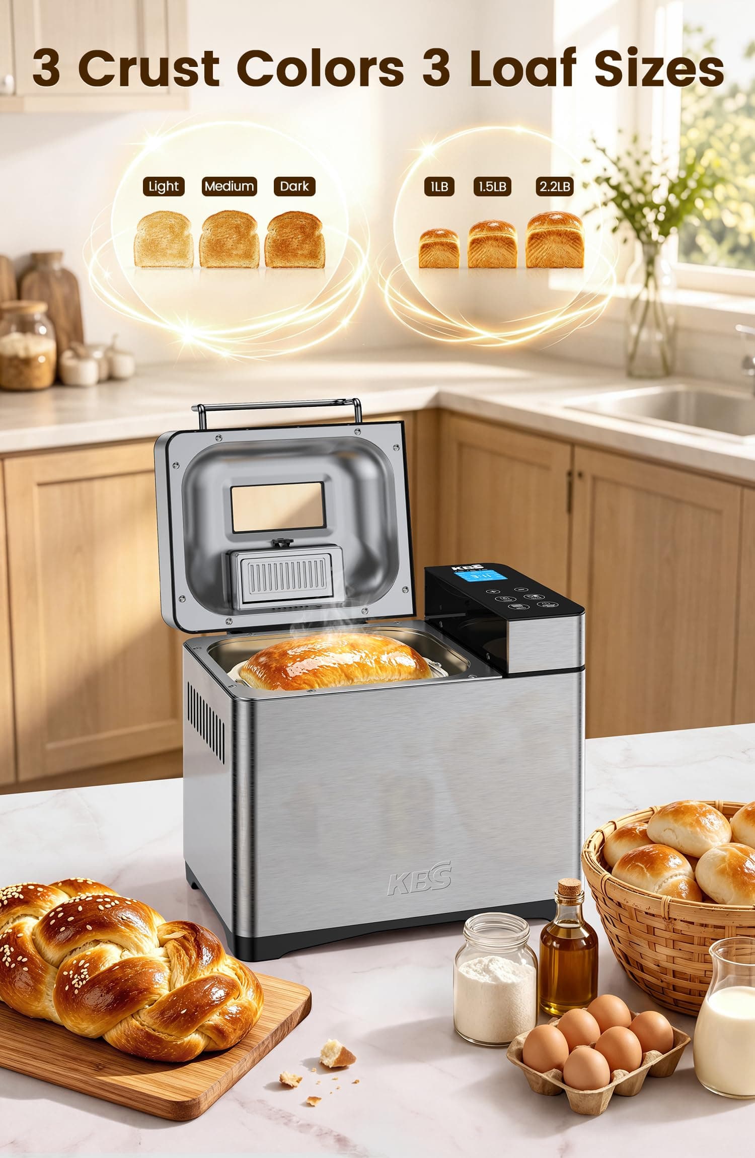 KBS Pro 710W 2.2LB Bread Maker, Stainless Steel 17-in-1 Smart Bread Machine with Healthy Ceramic Pan, Automatic Nut Dispenser, Tempered Glass Touch Panel, 3 Crust Colors, 15H Timer &Keep-Warm, Recipes, view 7