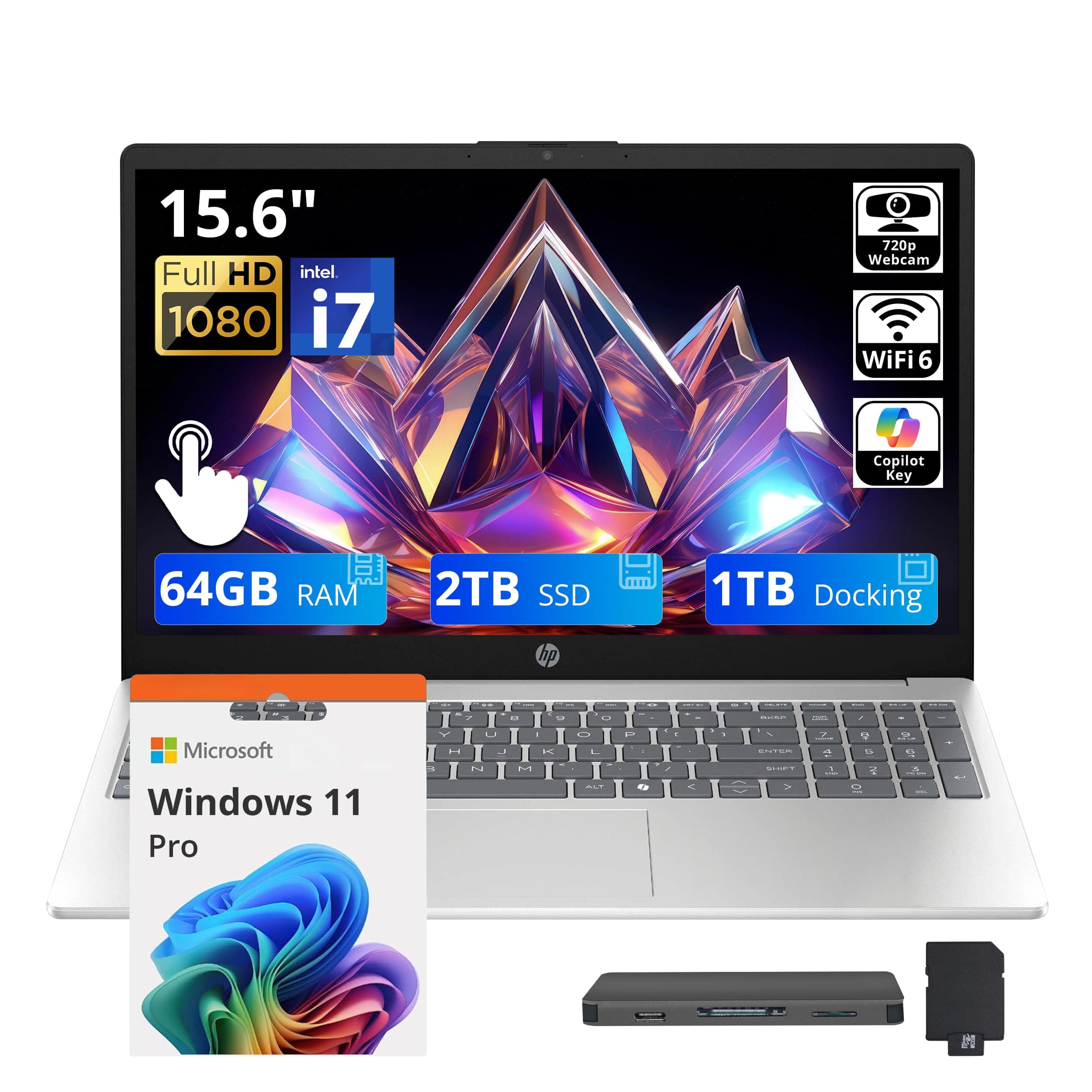 HP 15.6" FHD Touchscreen Business Laptop, Intel i7-1255U, 64GB RAM, 2TB PCIe SSD, Intel Iris Xe Graphics, Num Pad, Webcam, Windows 11 Pro, Natural Silver, 32GB Hotface USB Card