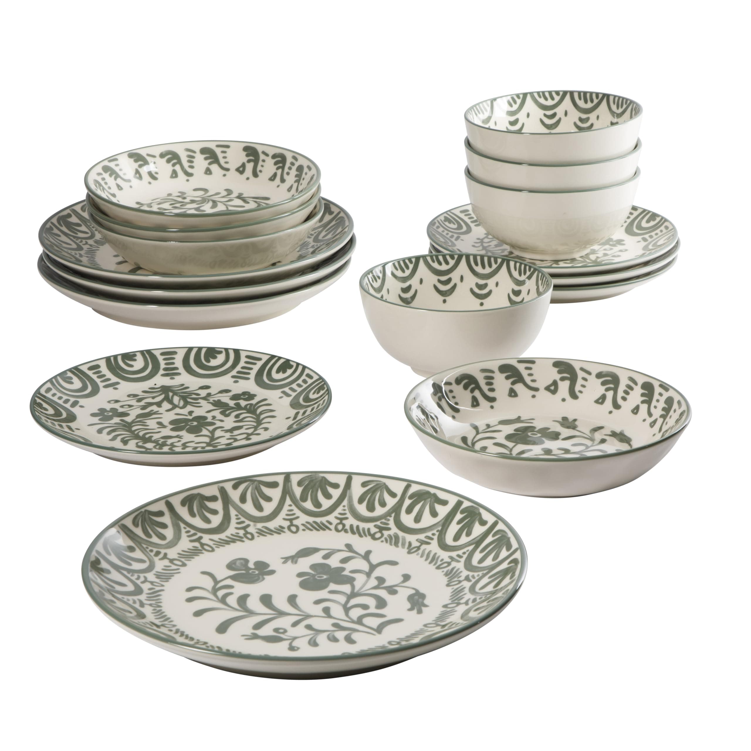 Bloomhouse - 2-Time Oprah’s Favorite Things - Valencia Flor 16 Piece Dinnerware Set, Artisanal Decorated Stoneware Plates & Bowls, Service for 4, Microwave & Dishwasher Safe, Fern Green, view 5