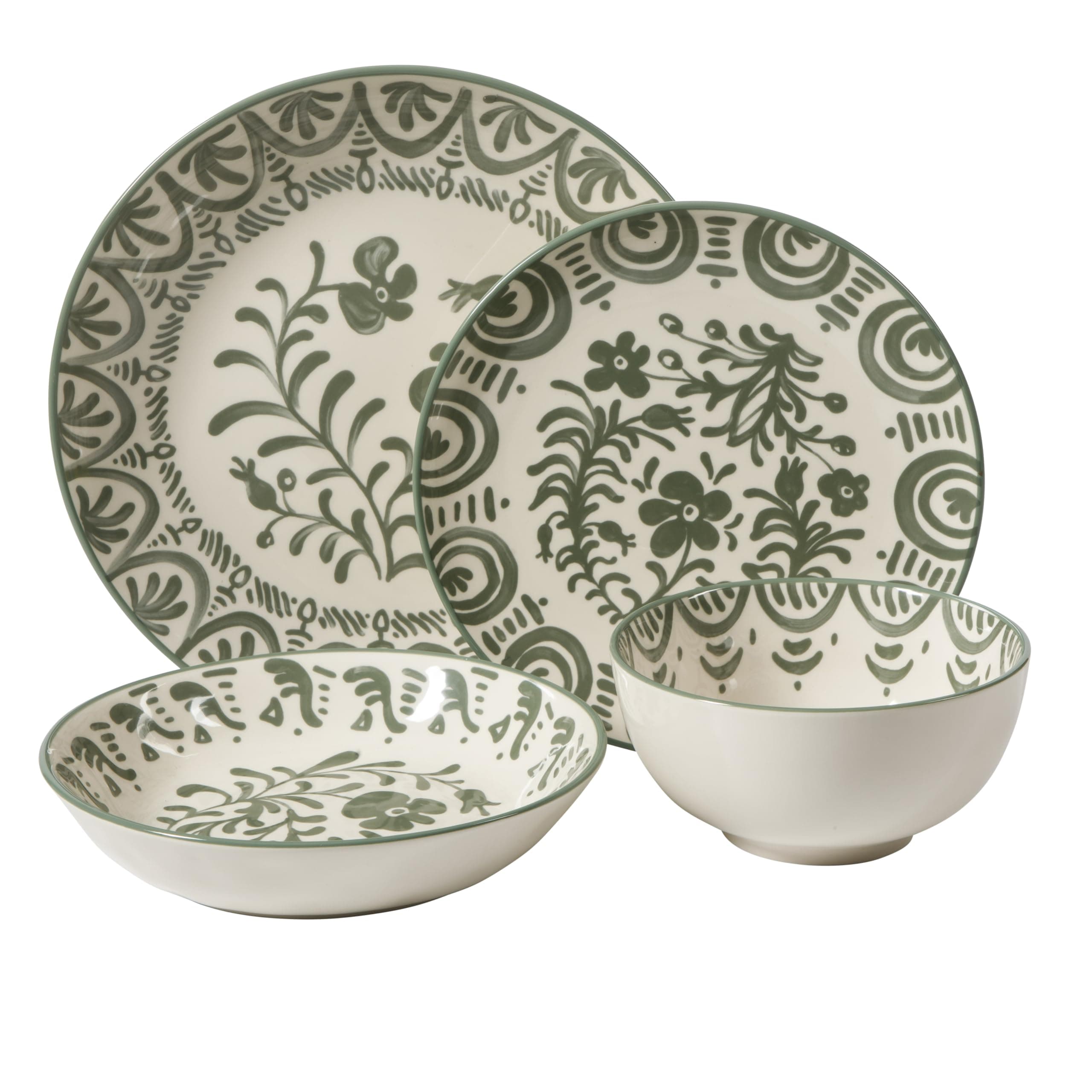 Bloomhouse - 2-Time Oprah’s Favorite Things - Valencia Flor 16 Piece Dinnerware Set, Artisanal Decorated Stoneware Plates & Bowls, Service for 4, Microwave & Dishwasher Safe, Fern Green, view 6