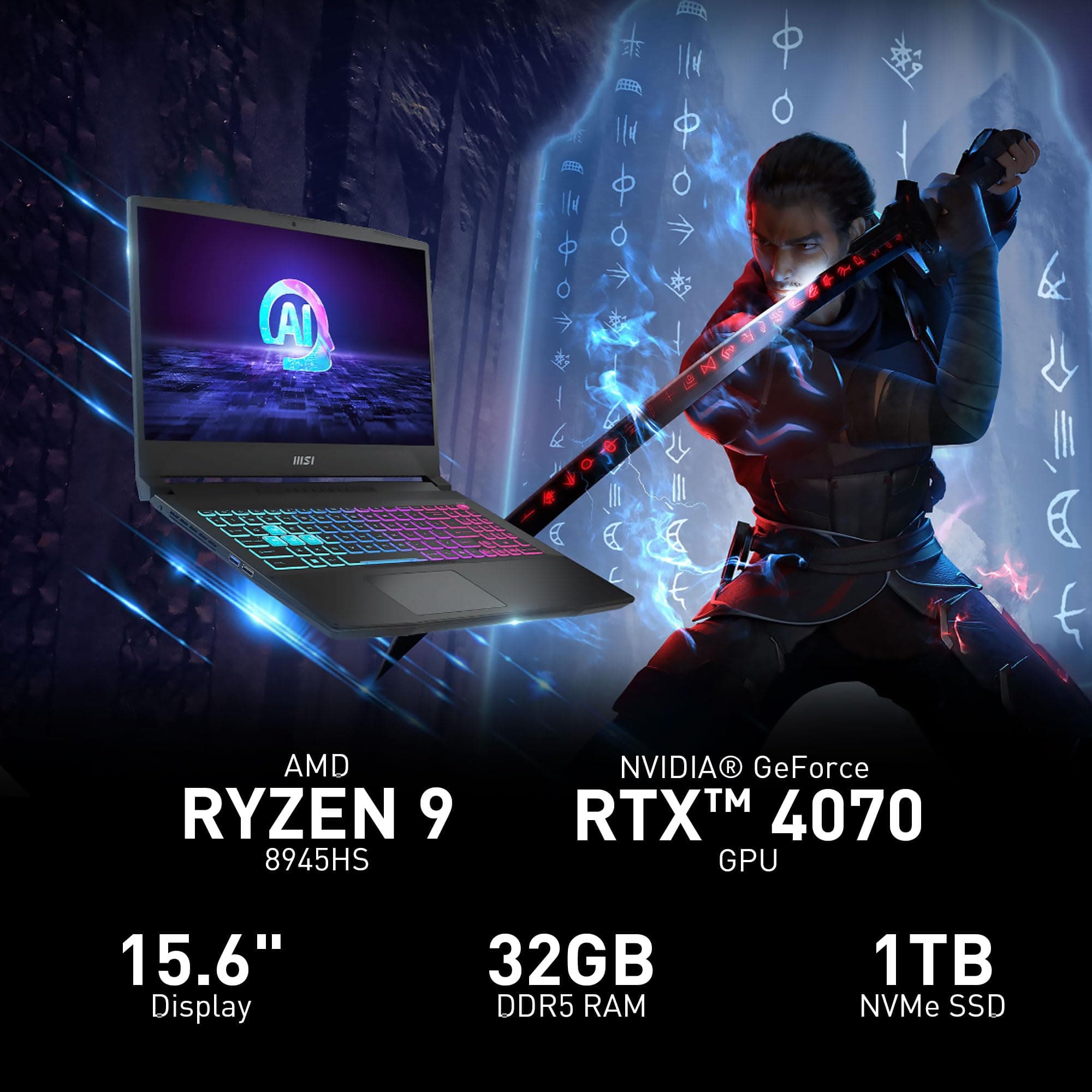 msi Katana A15 AI Gaming Laptop 15.6” QHD 165Hz – Ryzen 9-8945HS, RTX 4070, 32GB DDR5, 1TB SSD, Cooler Boost 5, Windows 11: Black B8VG-450US, view 2
