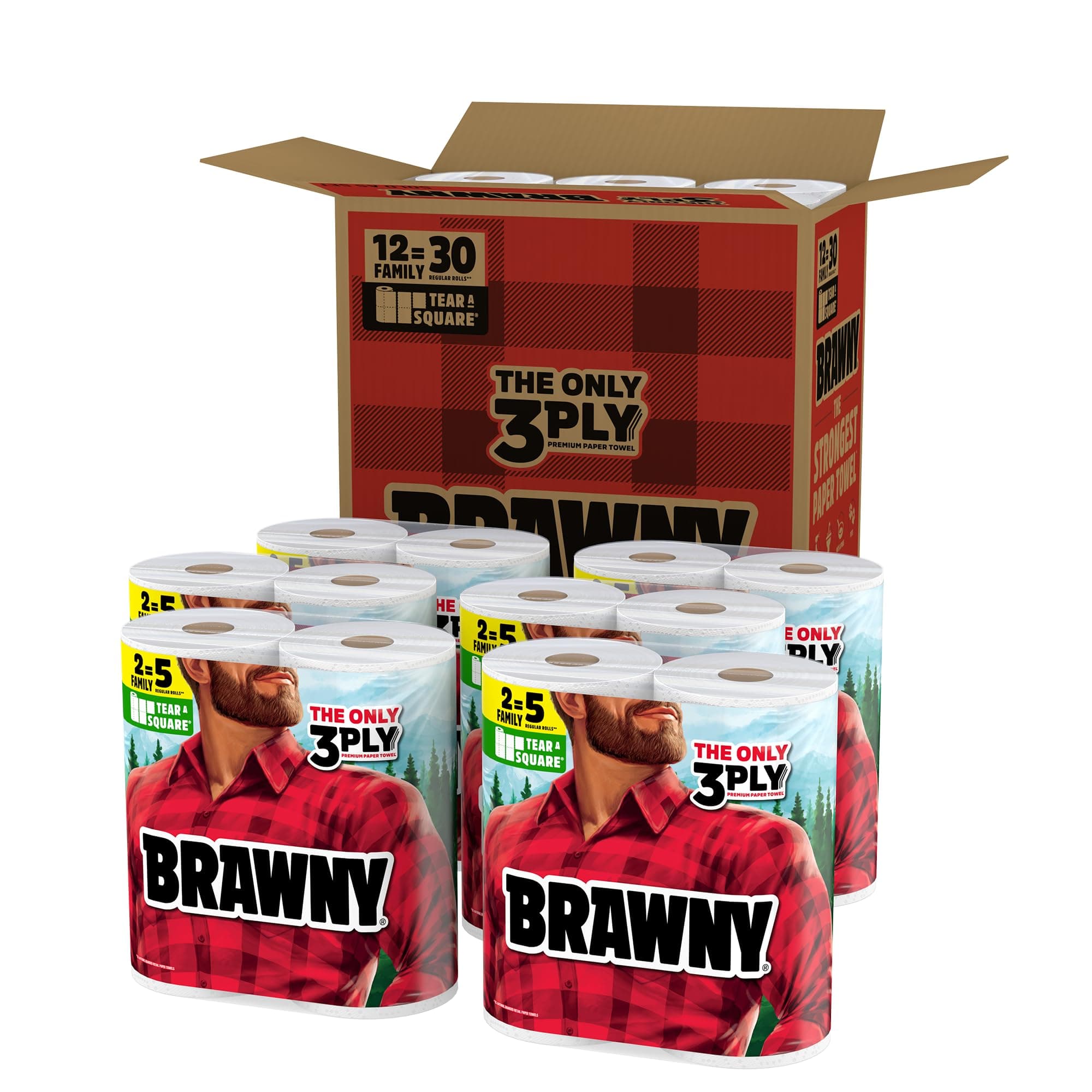 Brawny Tear-A-Square 3-Ply Paper Towels, 12 XL Family Rolls = 30 Regular, view 2