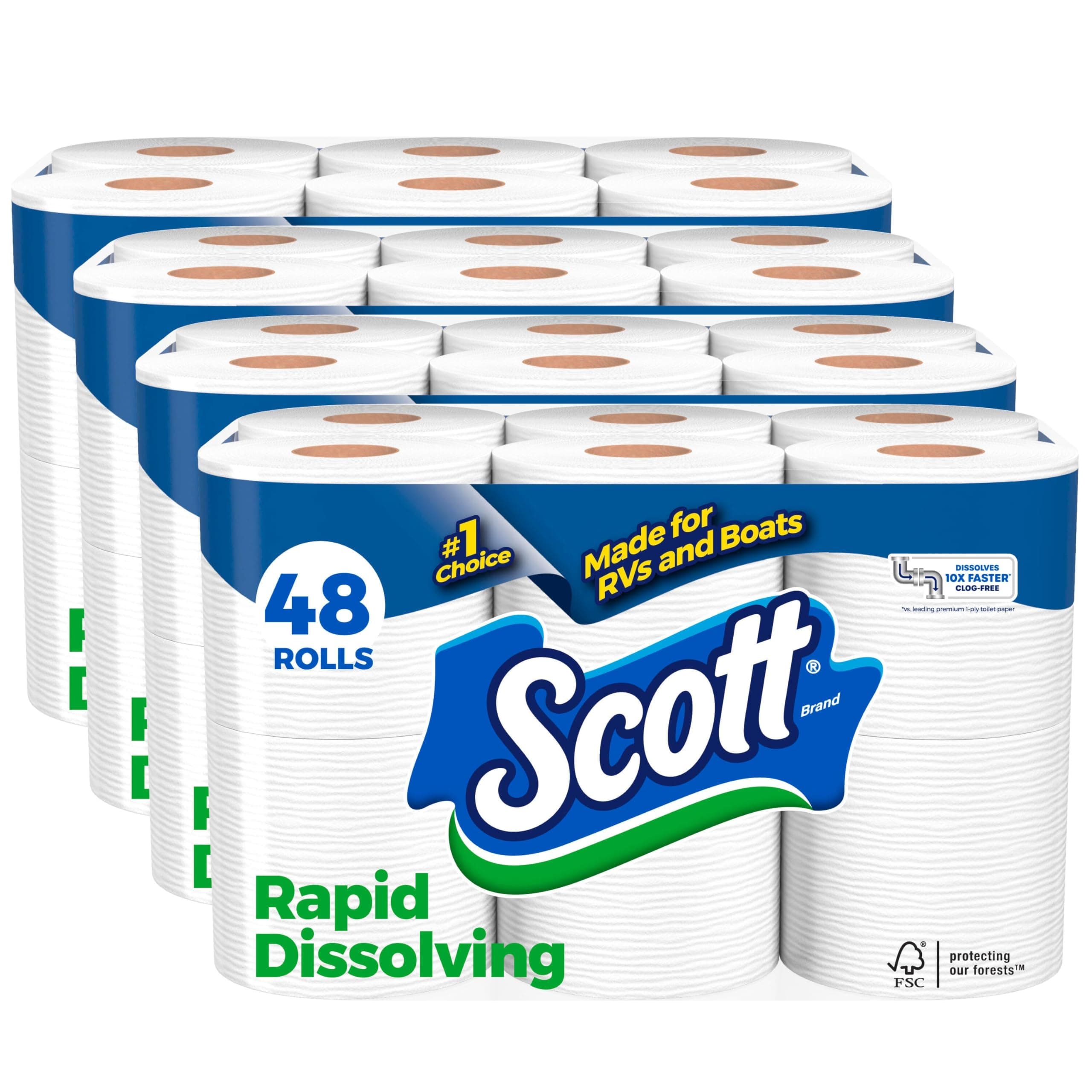 Scott Rapid-Dissolving Toilet Paper, 48 Double Rolls, Septic-Safe, Toilet Paper, 1 Ply, White
