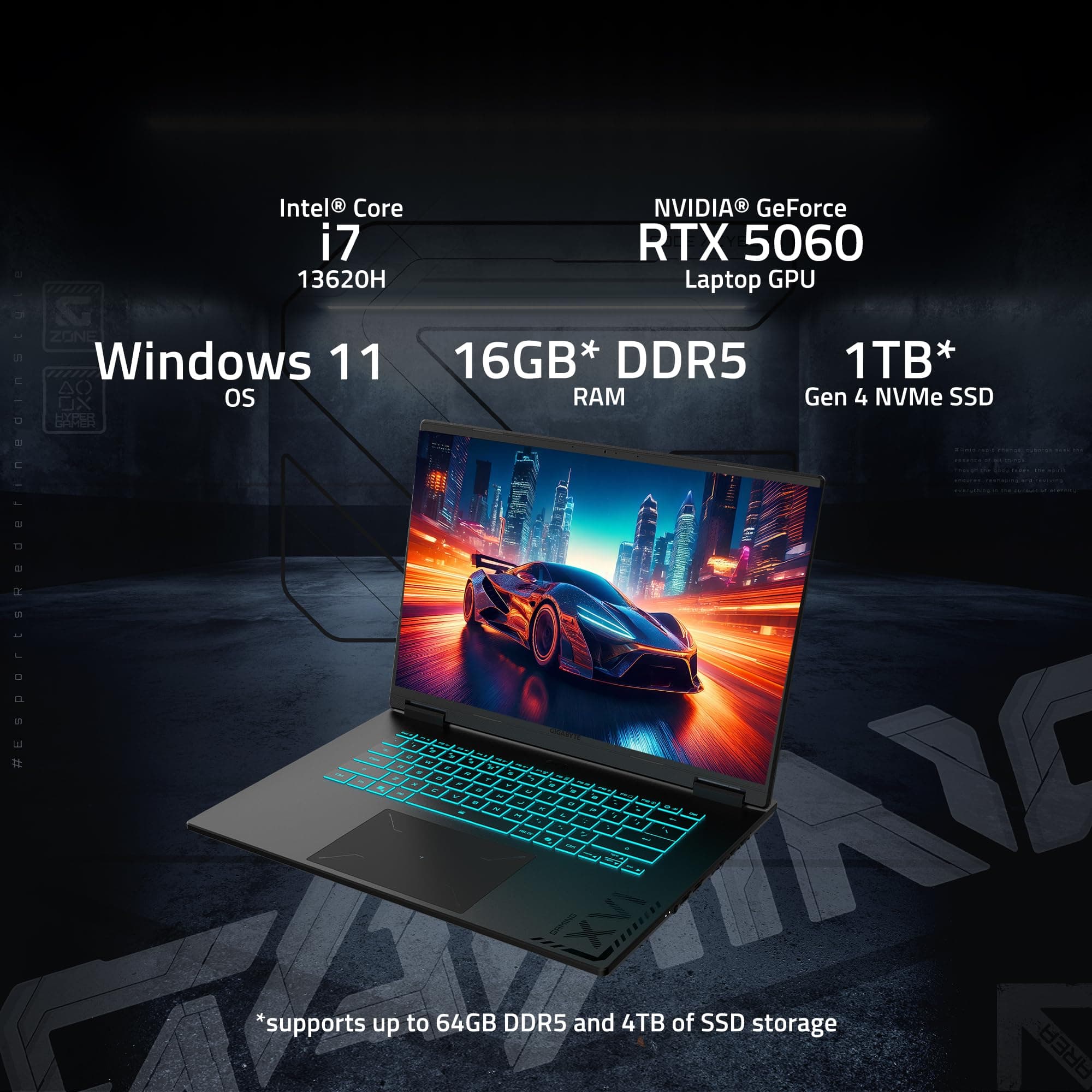 GIGABYTE - Gaming A16 Gaming Laptop - 165Hz 1920x1200 WUXGA - NVIDIA GeForce RTX 5060 - Intel i7-13620H - 1TB SSD with 16GB DDR5 RAM - Windows 11 Home AD Gaming A16 CVHI3US894SH, view 2