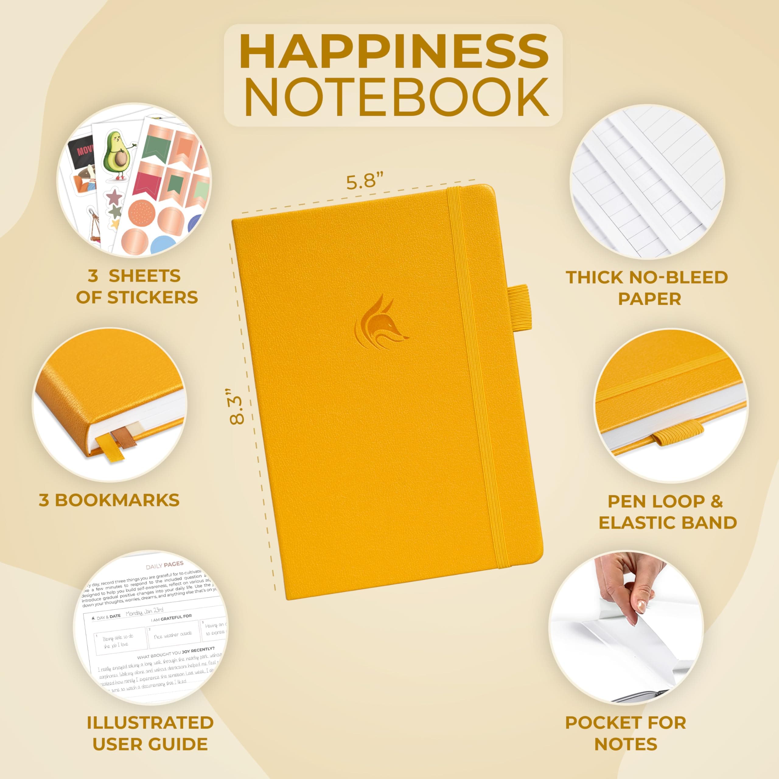 Clever Fox Happiness Notebook for Women, Gratitude Journal, Amber Yellow, view 2
