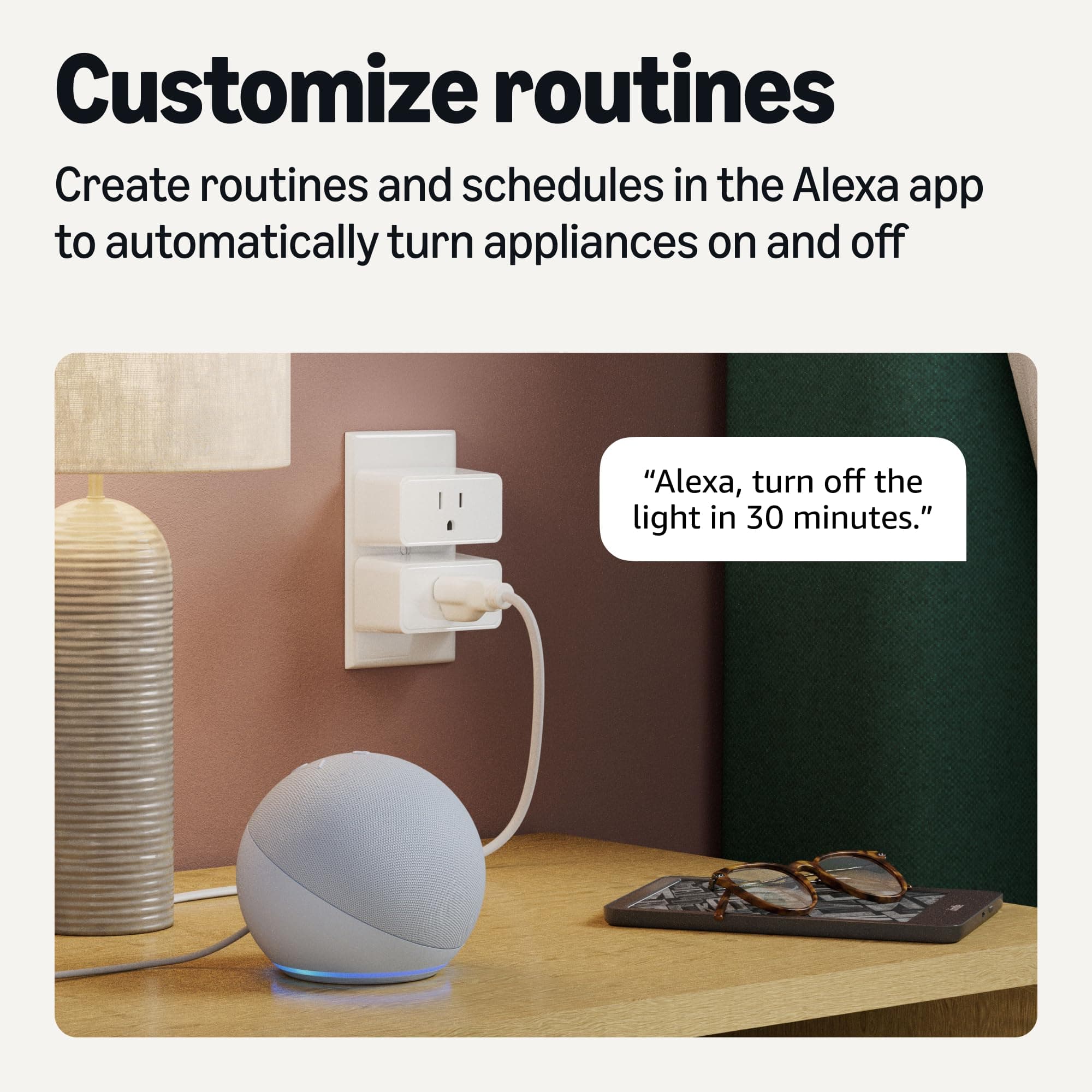 Amazon Basics Smart Plug, Works with Alexa Only, Voice Control, Remote APP Control, Schedule, Compact Design, Versatile, 2.4 GHz Wi-Fi, No Hub Required, 4-Pack, White, view 4