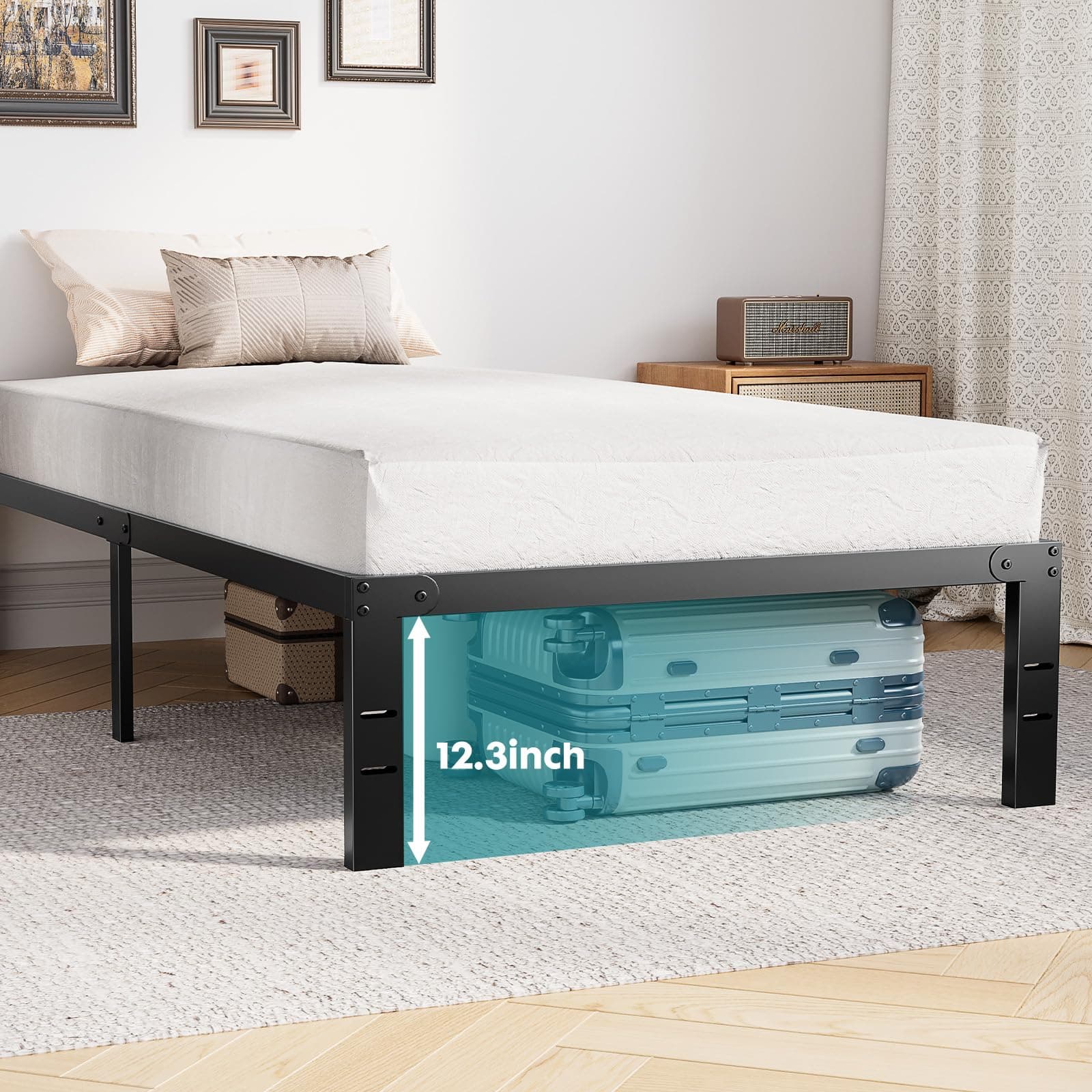 OLIXIS Twin Metal Platform Bed Frame - 14in High Heavy Duty Mattress Foundation with Storage Space, No Box Spring Needed, Sturdy Steel Slat Support, Easy Assembly, Black, view 4
