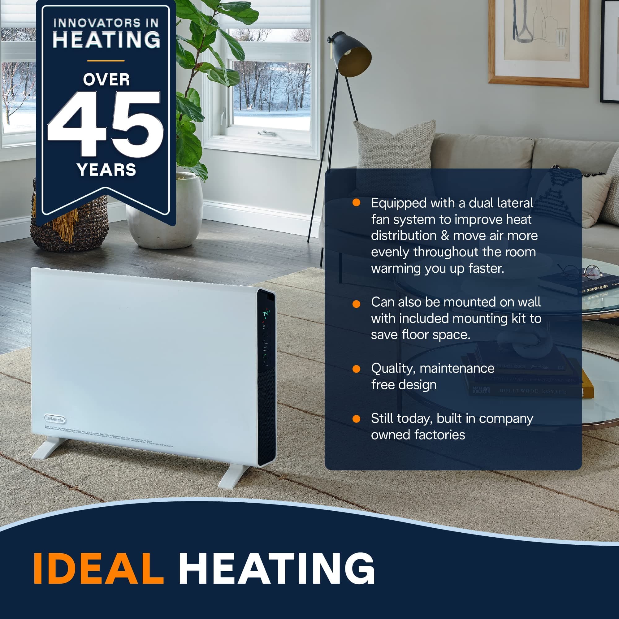 DeLonghi Convection Panel Heater, Full Room Quiet 1500W, portable electric heater is freestanding/easily wall mounted. Energy Saving, quick heat distribution, timer, white, HCX9115E, view 4