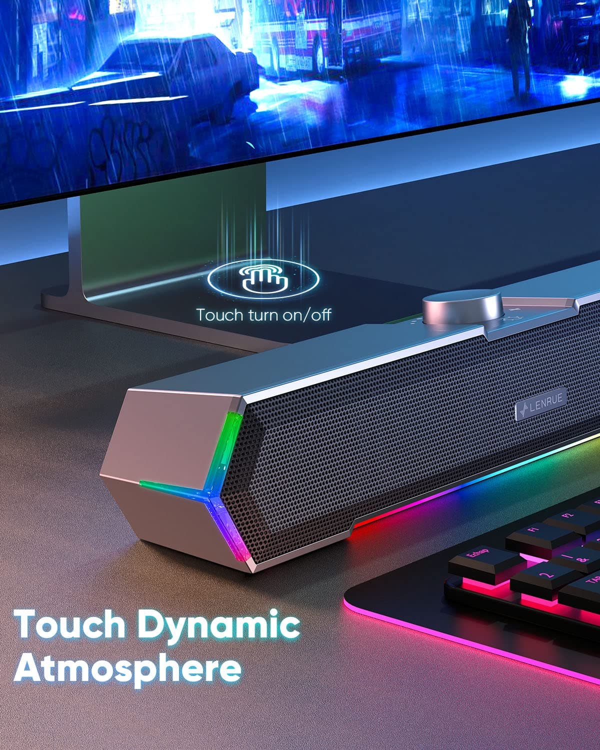LENRUE G11 Computer Speakers for Desktop, Touch Lights PC Speakers with Surge Clear Sound, USB C/USB Powered, AUX Audio for Computer Desktop PC Laptop Desk, view 3