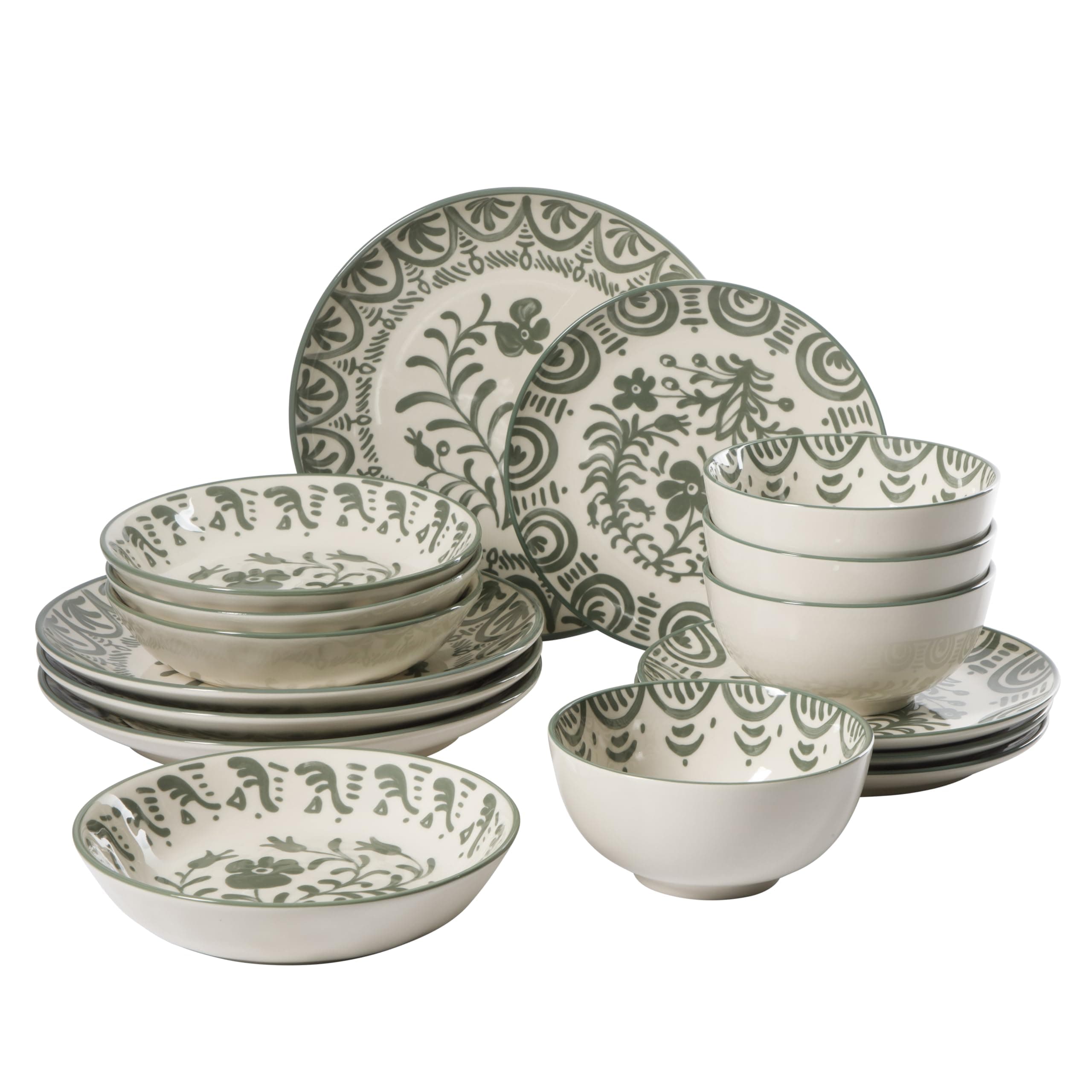 Bloomhouse - 2-Time Oprah’s Favorite Things - Valencia Flor 16 Piece Dinnerware Set, Artisanal Decorated Stoneware Plates & Bowls, Service for 4, Microwave & Dishwasher Safe, Fern Green