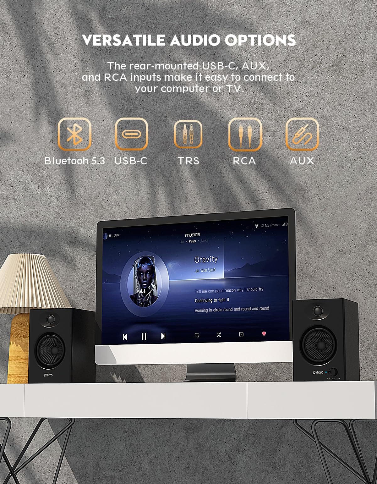 OHAYO 60W Computer Speakers, Bluetooth 5.3, Stereo 2.0, 1 Pair, Black, view 5