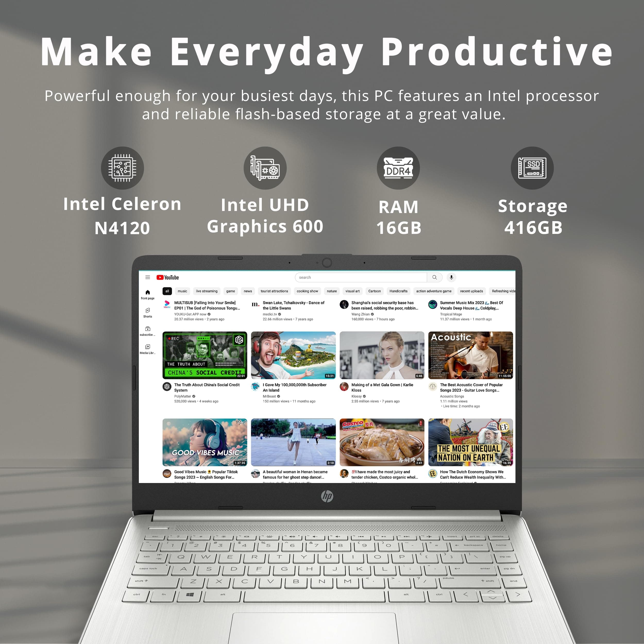 HP Stream 14" HD BrightView Laptop, Intel Celeron N4120, 16GB RAM, 416GB Storage (128GB eMMC + 288GB Docking Station Set), Intel UHD Graphics, 720p Camera, Wi-Fi, 1 Year Office 365, Win 11 S, Silver, view 3