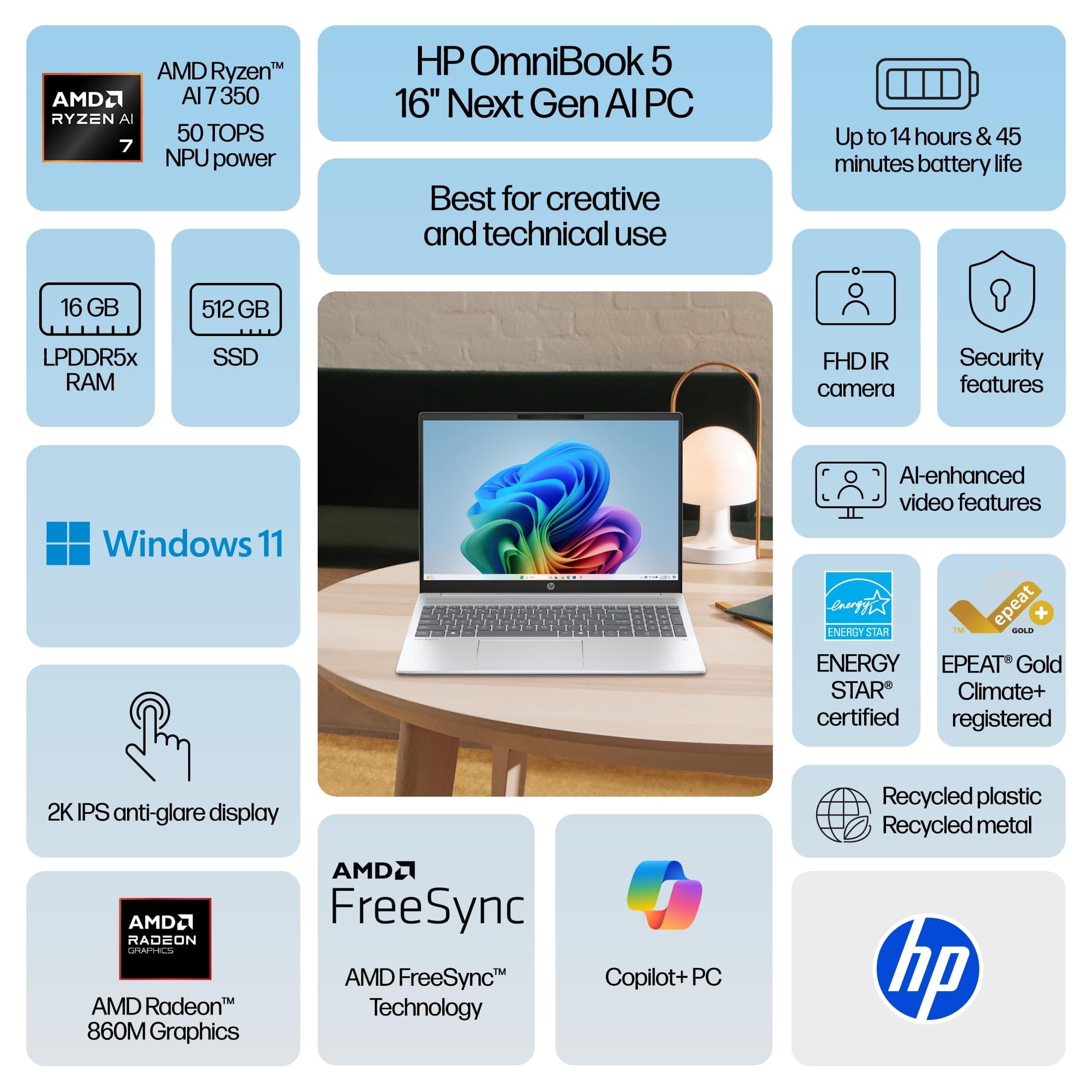 HP OmniBook 5 Laptop: Ryzen AI 7 350, 16GB DDR5 RAM, 512GB SSD, 16" 2K (1920x1200) Non-Touch IPS Display, Windows 11, view 5