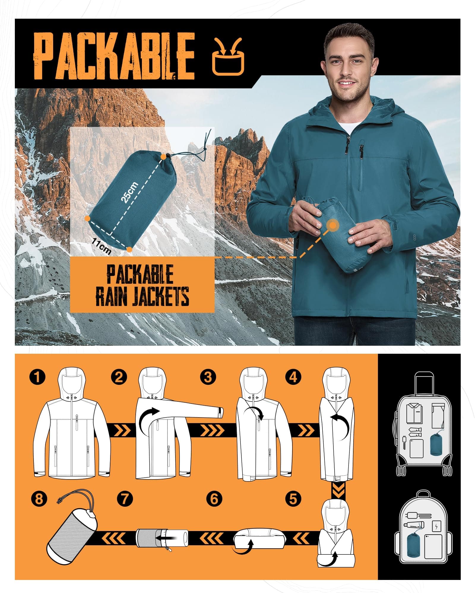 33,000ft Men's Packable Rain Jacket Waterproof Raincoat with Hood, view 2
