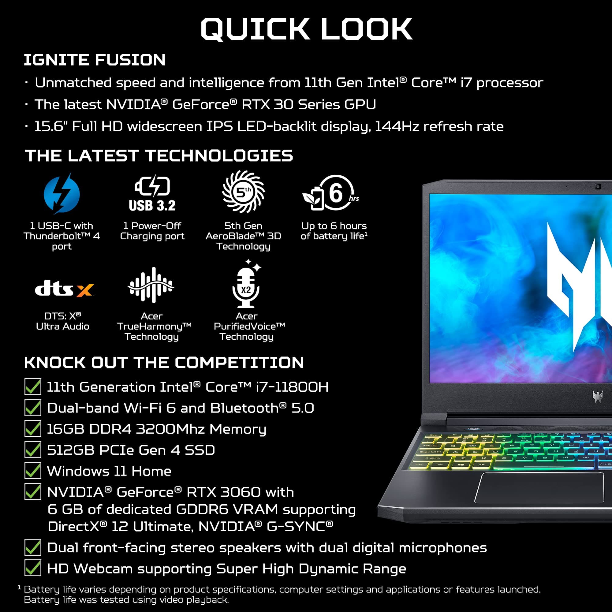 Acer Predator Helios 300 PH315-54-760S Gaming Laptop | Intel i7-11800H | NVIDIA GeForce RTX 3060 GPU | 15.6" FHD 144Hz 3ms IPS Display | 16GB DDR4 | 512GB SSD | Killer WiFi 6 | RGB Keyboard, view 7
