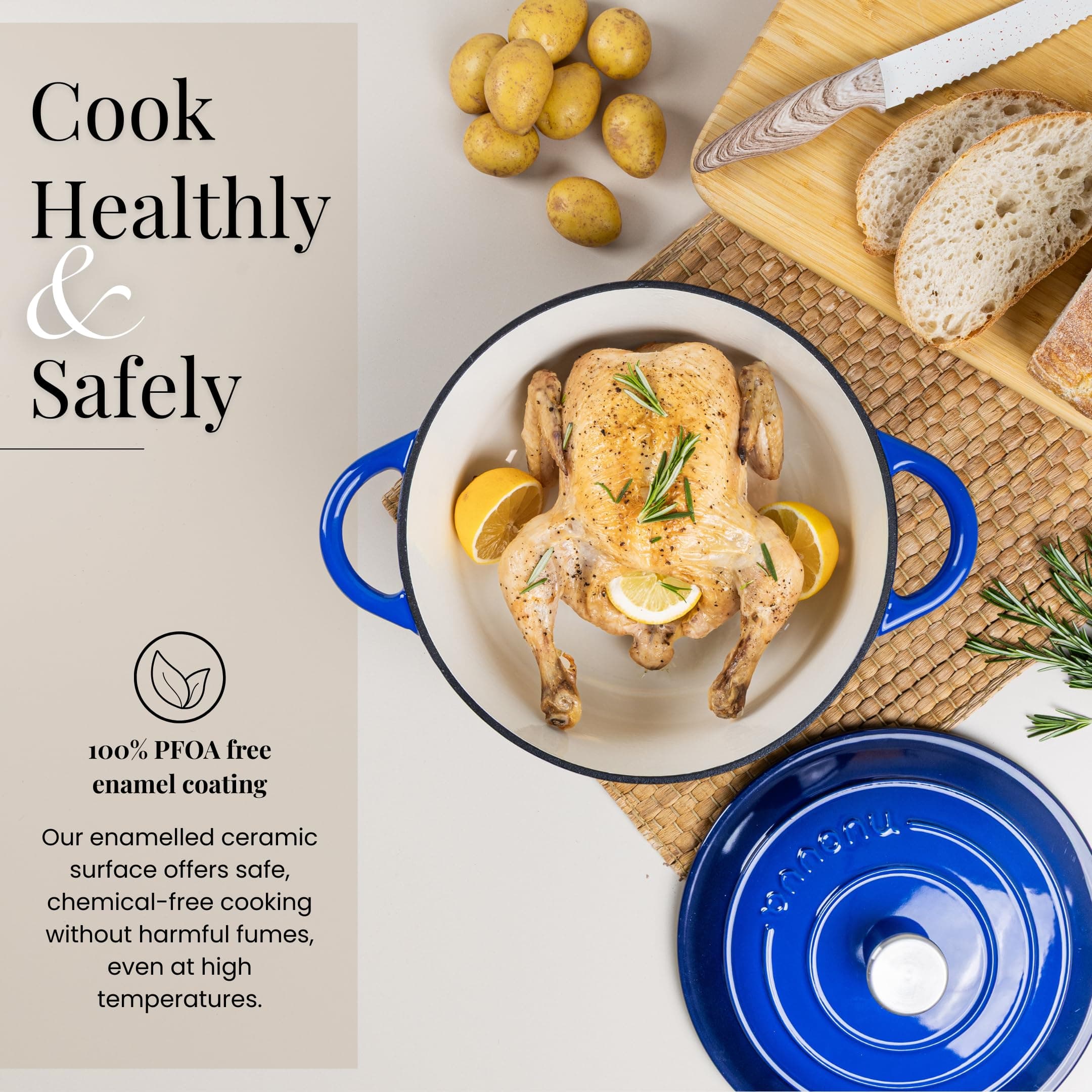 Nuovva Enamelled Cast Iron Dutch Oven Pot with Lid-6.4 Quart Non Stick Casserole Pot-Heavy Duty & Oven Safe up to 500° F for Bread Baking, Braising, Stews, Roasting - 28cm Dark Blue, view 5