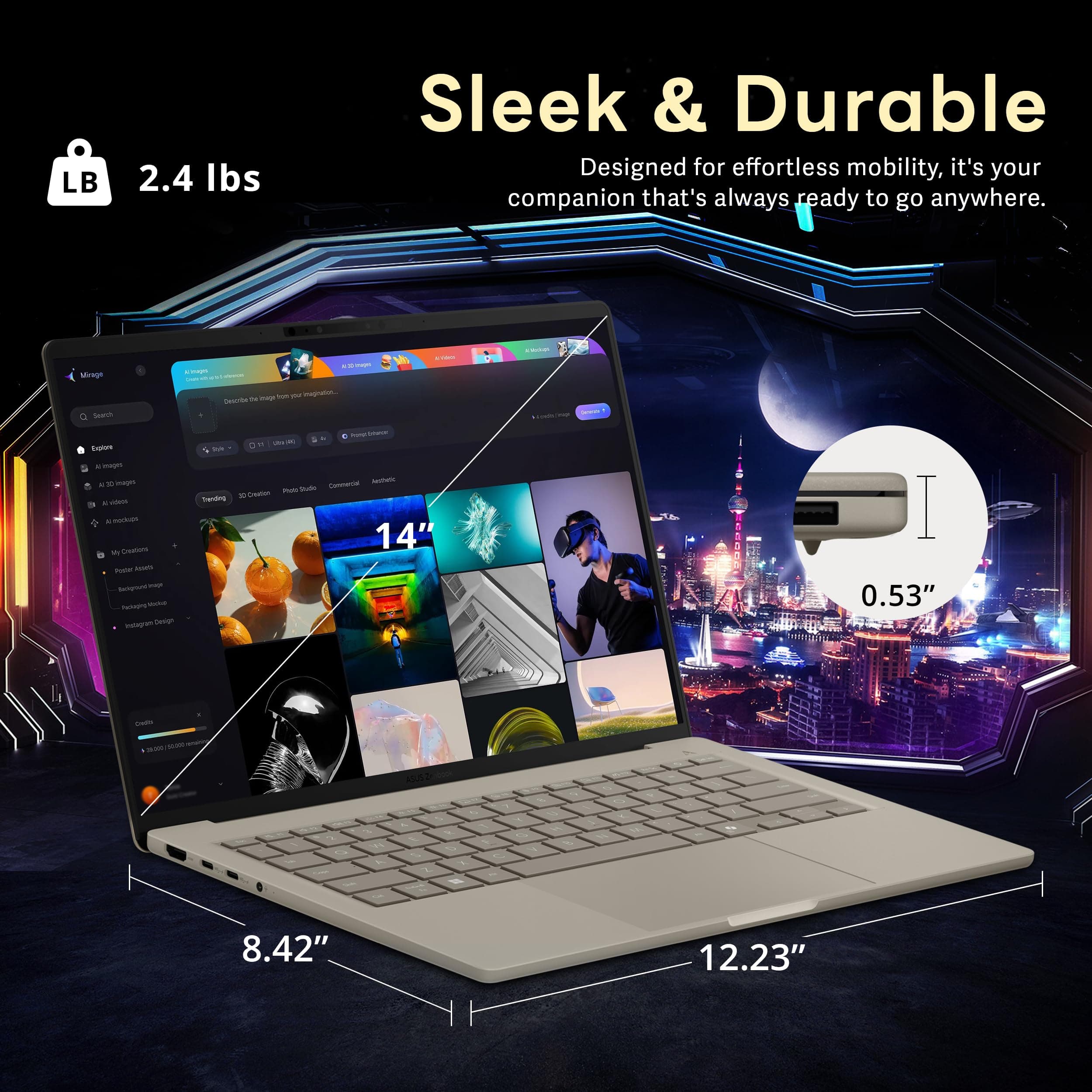 ASUS Zenbook 14" FHD+ OLED Laptop, Snapdragon X Plus X1P-42-100, 16GB LPDDR5X, 1.5TB Storage (512GB SSD+1TB Docking Station), Backlit Keyboard, Copilot, FHD IR Camera, Windows 11, Zabriskie Beige, view 8