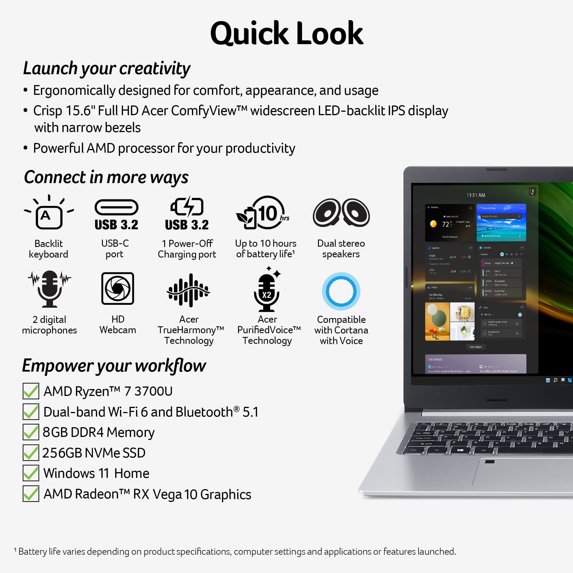 acer Aspire 5 A515-46-R3CZ Slim Laptop | 15.6" Full HD IPS | AMD Ryzen 7 3700U Quad-Core Mobile Processor | 8GB DDR4 | 256GB NVMe SSD | WiFi 6 | Backlit KB | Fingerprint Reader | Windows 11 Home, view 6