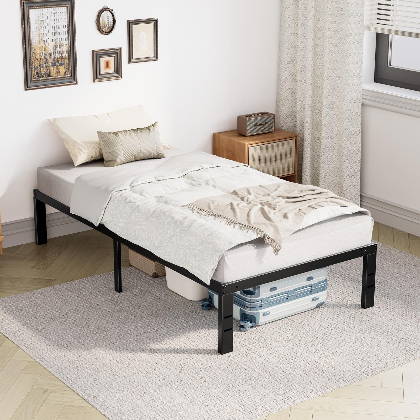 OLIXIS Twin Metal Platform Bed Frame - 14in High Heavy Duty Mattress Foundation with Storage Space, No Box Spring Needed, Sturdy Steel Slat Support, Easy Assembly, Black, view 9