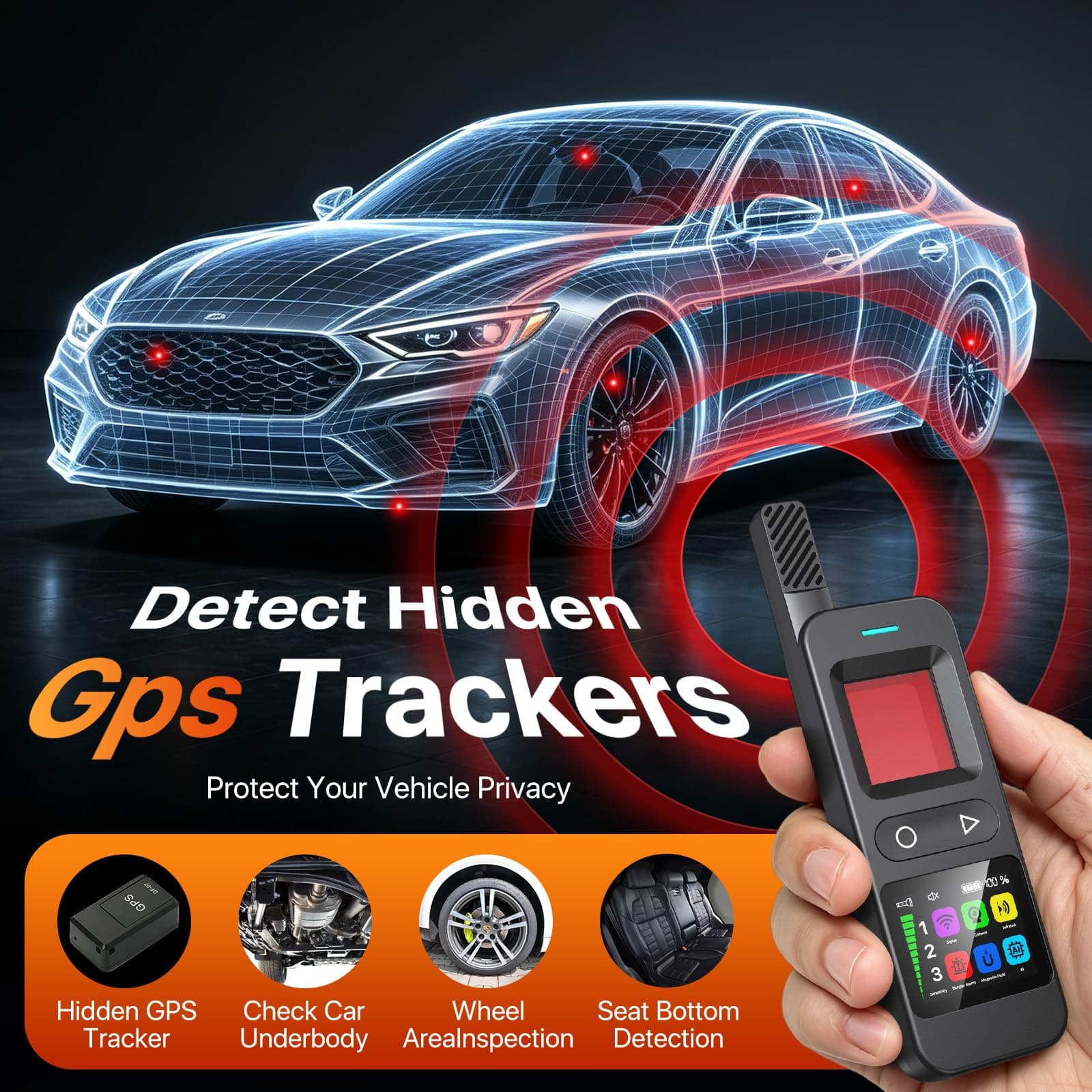 7-in-1 Hidden Camera Detector, Spy Camera Finder, Magnetic GPS Tracker Detector, Anti-Theft Alarm with Built-in Flashlight, Rechargeable Privacy Protection Device for Hotel, Car, Office Travel Black, view 5