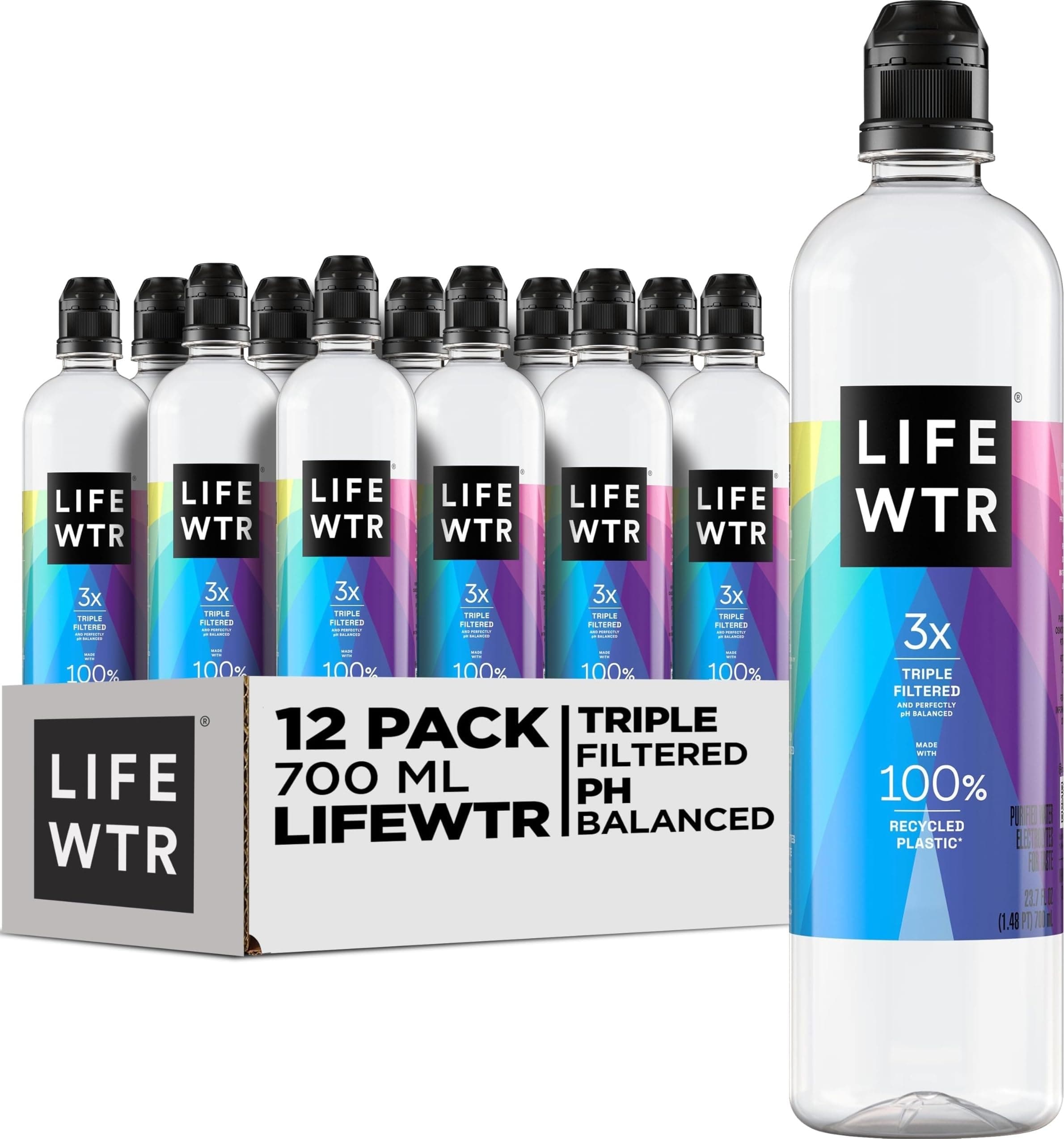 LIFEWTR Premium Purified Water, pH Balanced with Electrolytes, 100% recycled plastic bottles, 23.7 Fl Oz Flip Cap Bottles, 700 mL (Pack of 12)