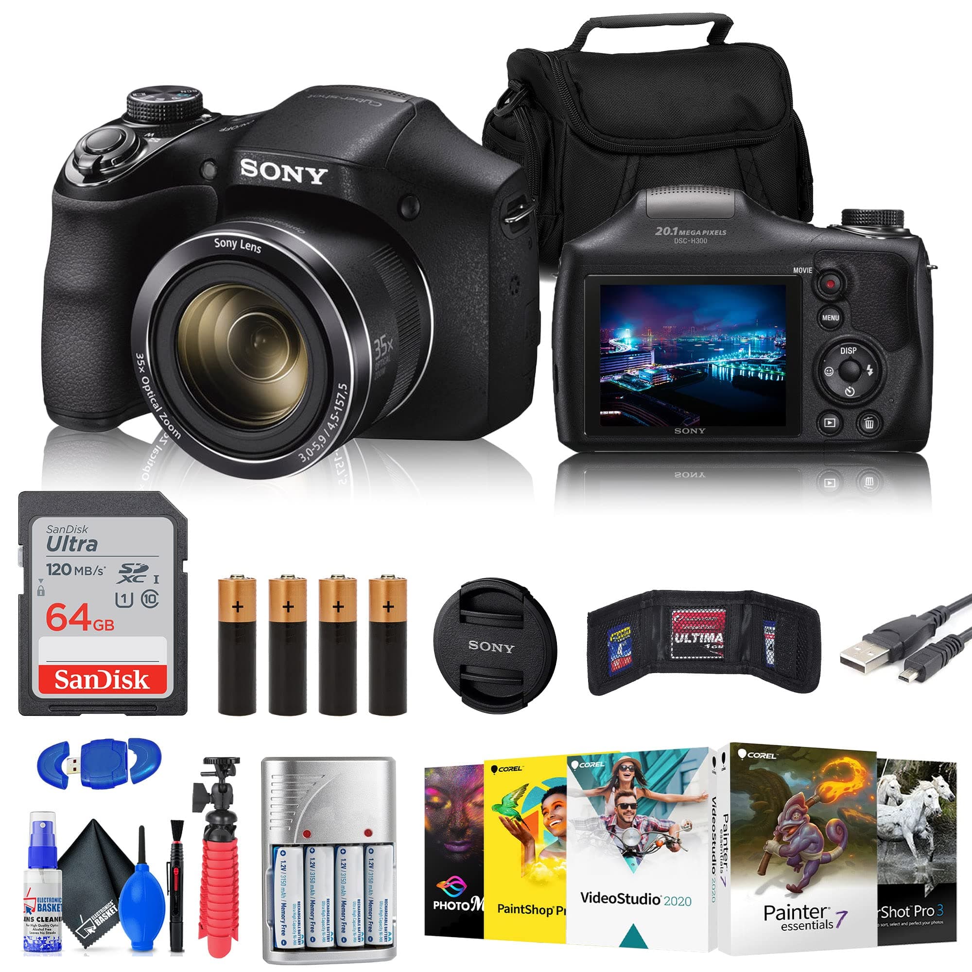 Sony Cyber-Shot DSC-H300 Digital Camera (Black) (DSCH300/B) + 64GB Memory Card + Card Reader + Photo Software + Case + Flex Tripod + 4xAA Batteries + Memory Wallet + Cleaning Kit (Renewed)