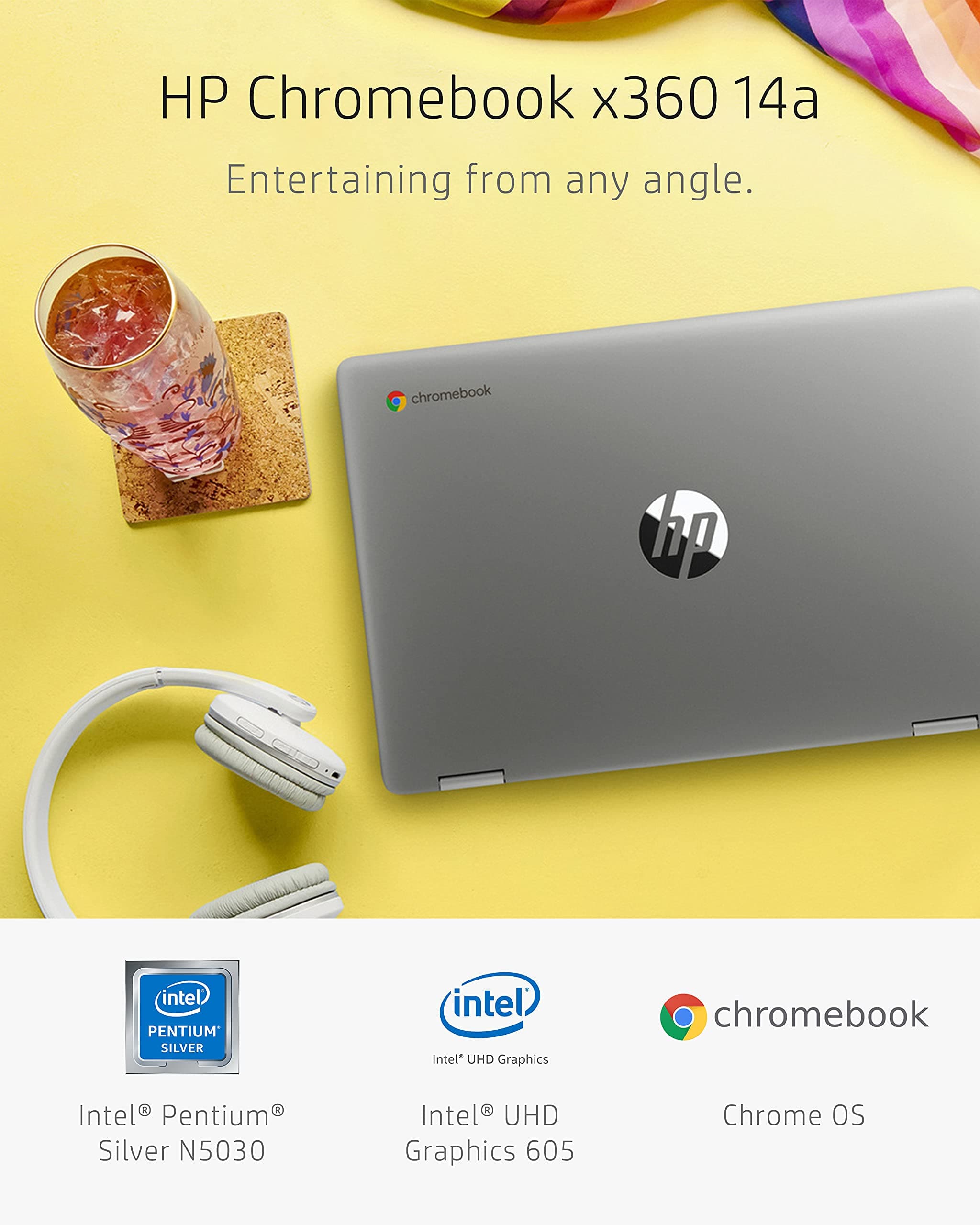 HP Chromebook x360 14a 2-in-1 Laptop, Intel Pentium Silver N5030, 4 GB RAM, 64 GB eMMC, 14” HD Micro-Edge Touchscreen, Chrome OS, 720p Webcam, Dual Speakers, Long Battery Life (14a-ca0023nr, 2021), view 2