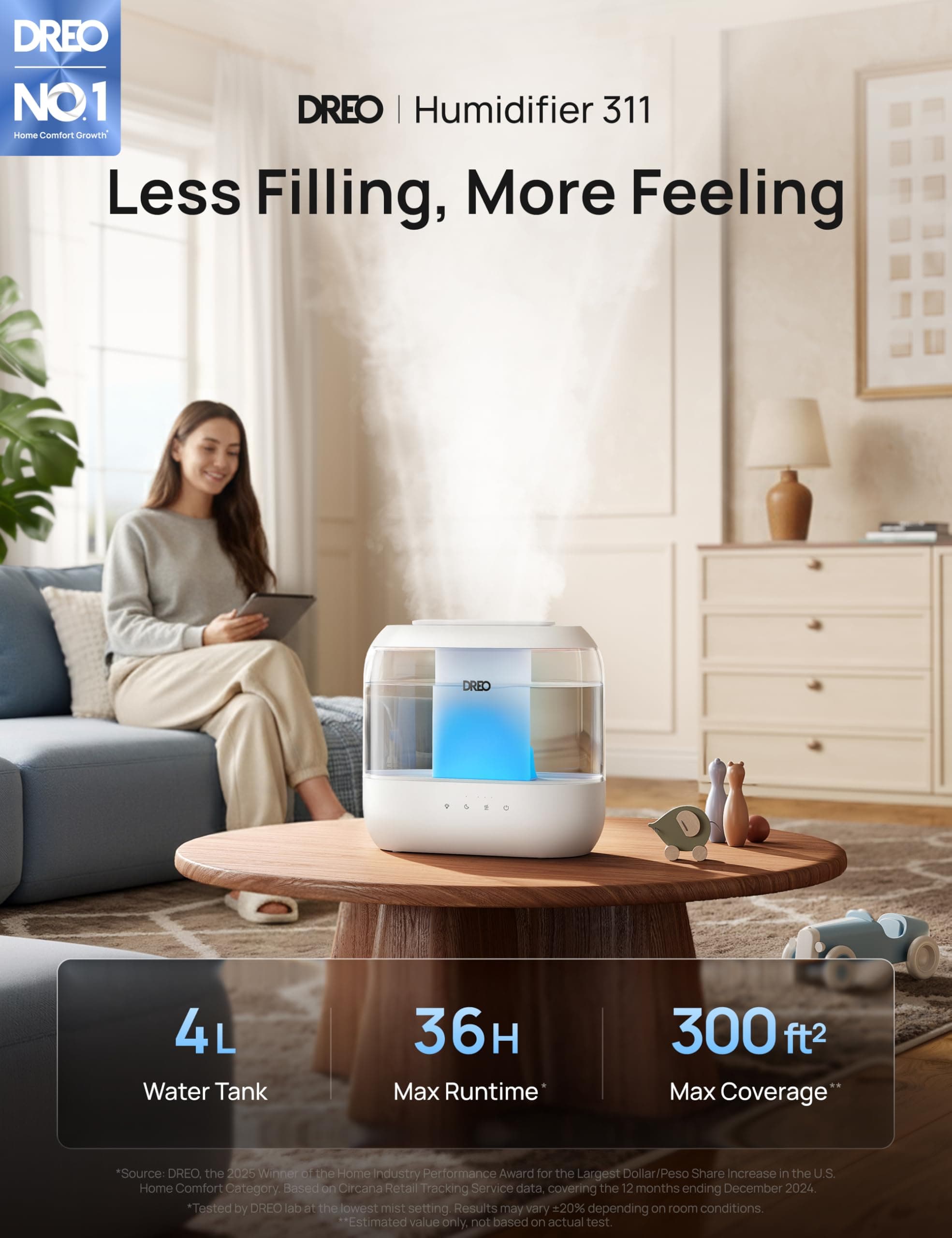 DREO 4L Humidifiers for Bedroom, 36H Runtime, 28 dB Quiet, HM311, view 2
