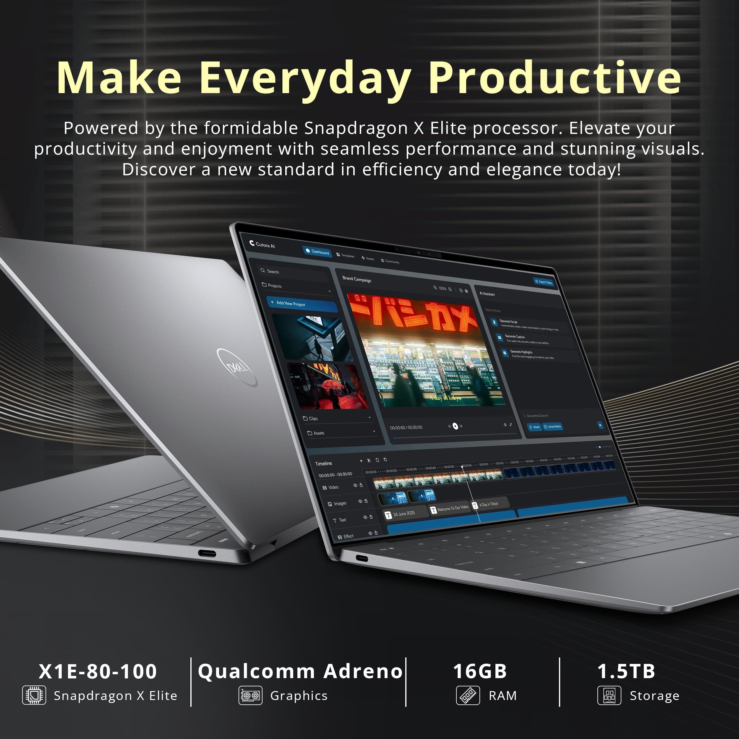 Dell XPS 13 9345, 13.4" 3K OLED Touch Laptop, 16GB RAM, 1.5TB Storage (512GB SSD+1TB Docking Station), Snapdragon X Elite X1E-80-100, Copilot+ PC, Backlit Keyboard, Fingerprint, Win 11 Pro, Graphite, view 3