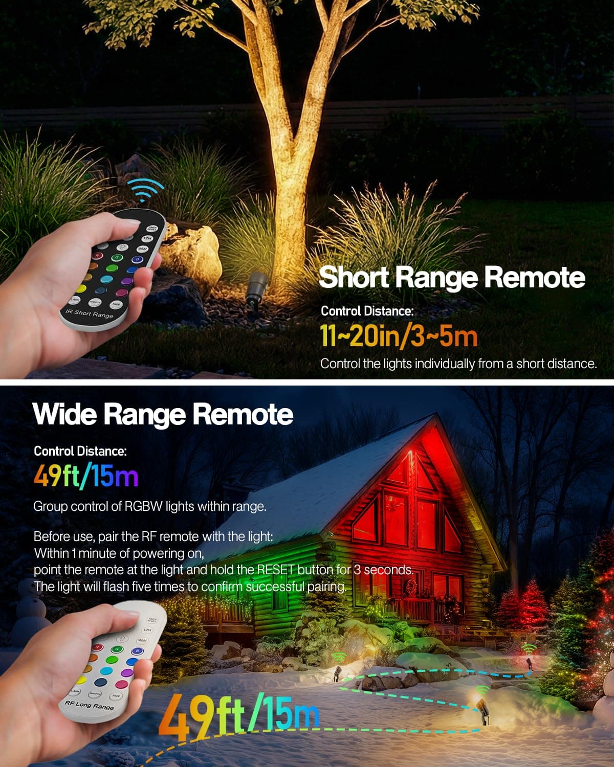 HIBOITEC RGBWW Low Voltage Landscape Lights 12-Pack, ETL Listed IP65 Outdoor LED Spotlights with Timer & Dual Remote, 12-24V Color Changing Uplighting for Yard Trees(Transformers NOT Included), view 6