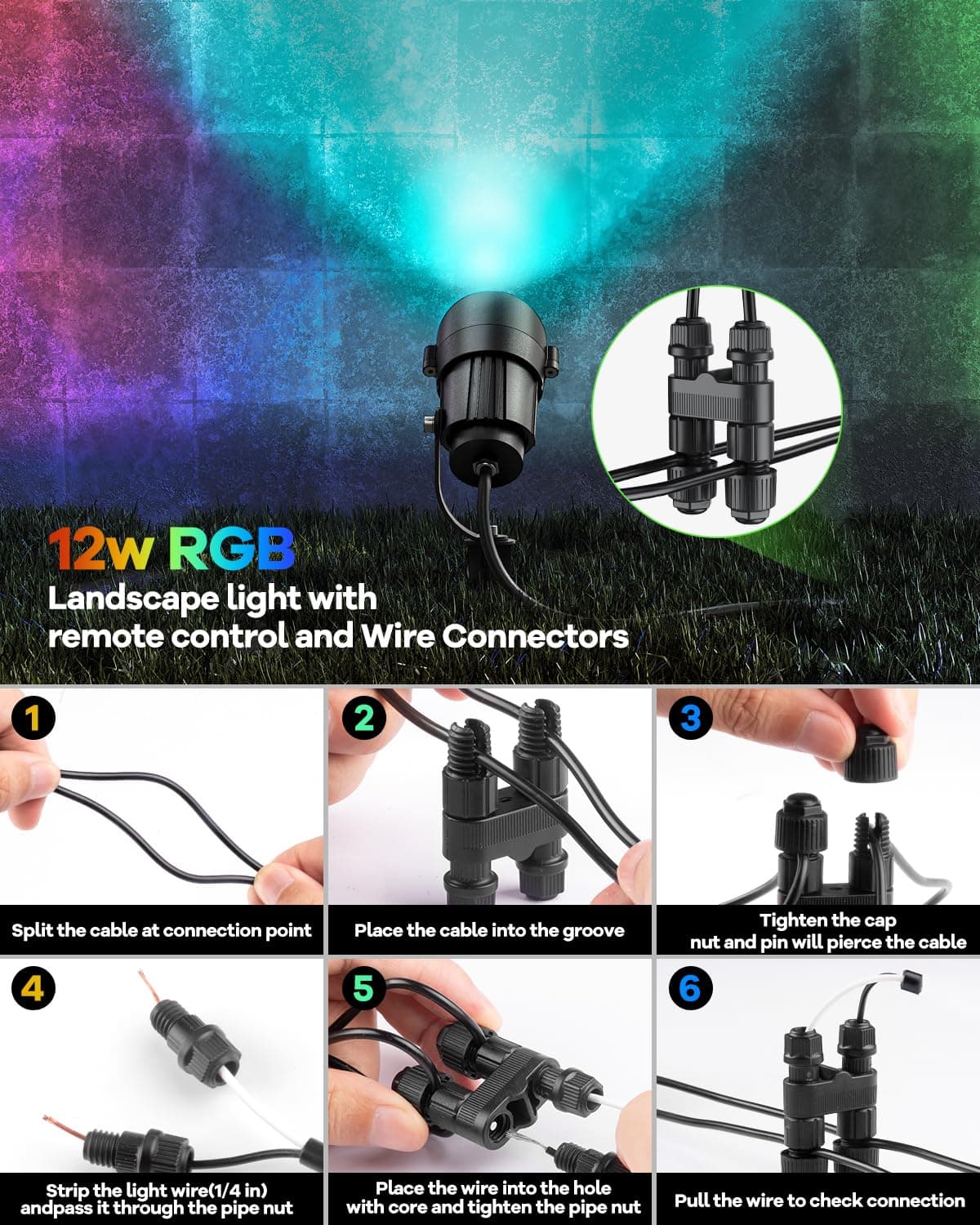 HIBOITEC RGBWW Low Voltage Landscape Lights 12-Pack, ETL Listed IP65 Outdoor LED Spotlights with Timer & Dual Remote, 12-24V Color Changing Uplighting for Yard Trees(Transformers NOT Included), view 8