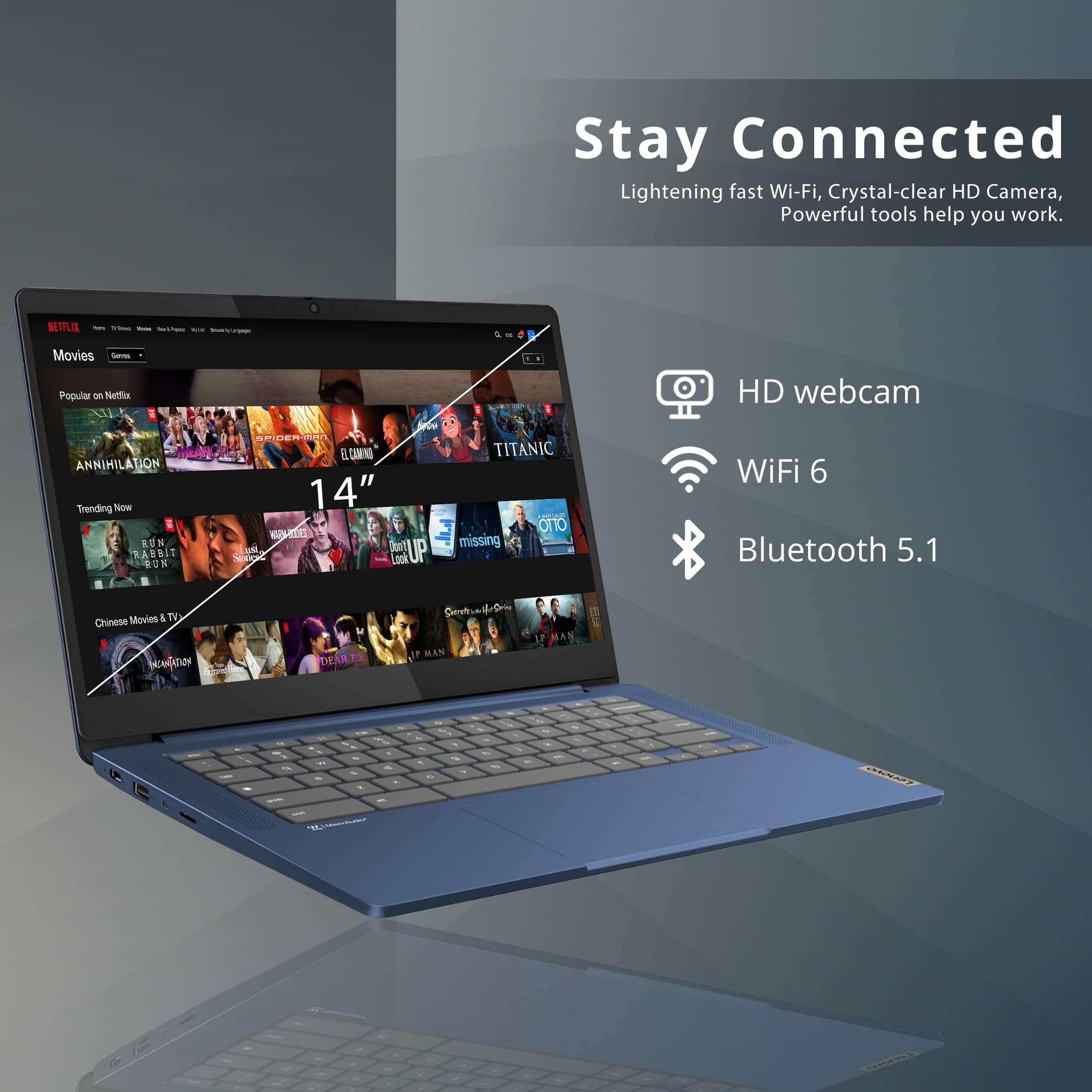 Lenovo IdeaPad Slim 3 Chromebook, 14″ FHD IPS Anti-GlareTouchscreen, MediaTek Kompanio 520, 4GB LPDDR4X, 224GB Storage(64GB eMMC+160GB Docking Station Set), Webcam, WiFi 6, Chrome OS, Blue, view 5