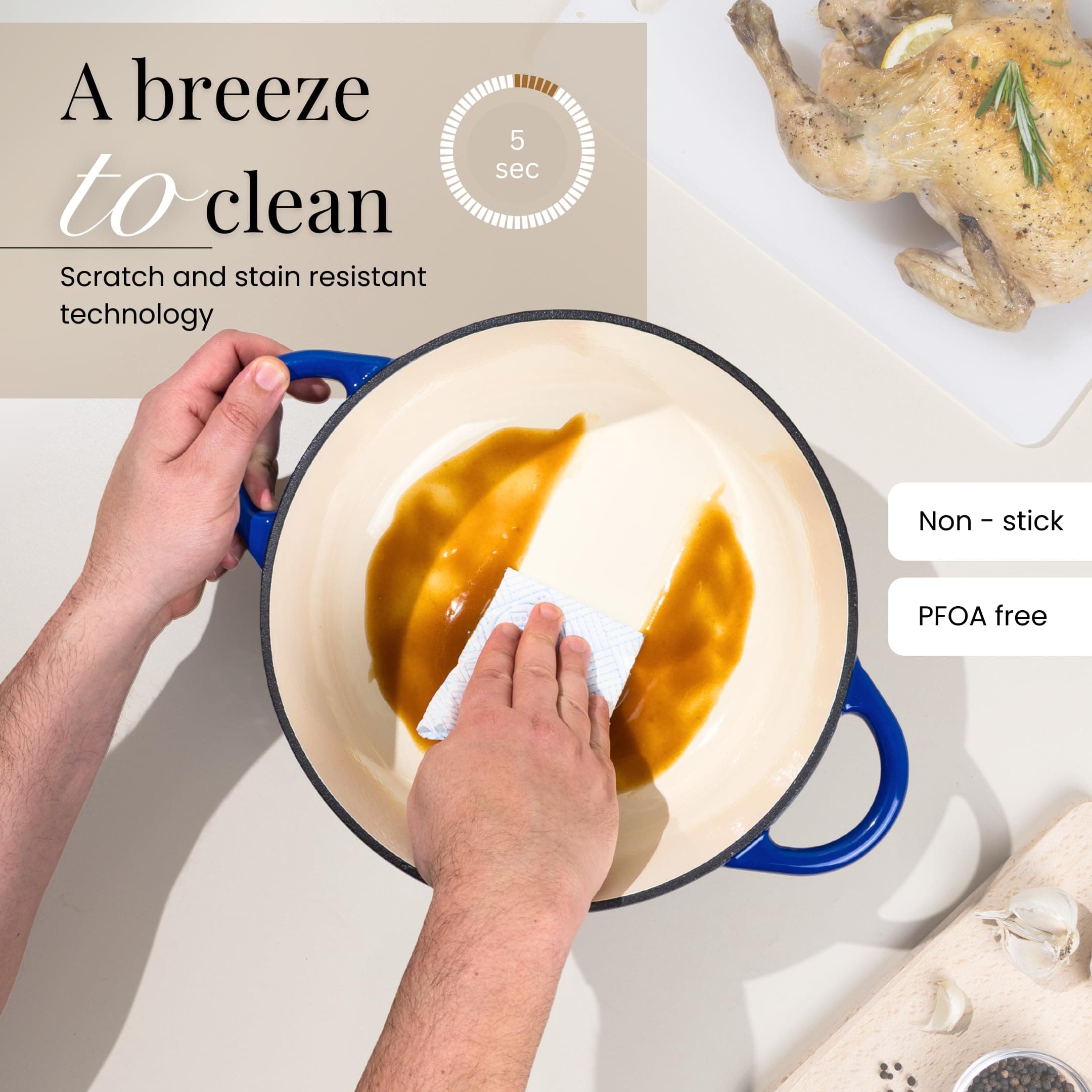 Nuovva Enamelled Cast Iron Dutch Oven Pot with Lid-6.4 Quart Non Stick Casserole Pot-Heavy Duty & Oven Safe up to 500° F for Bread Baking, Braising, Stews, Roasting - 28cm Dark Blue, view 8