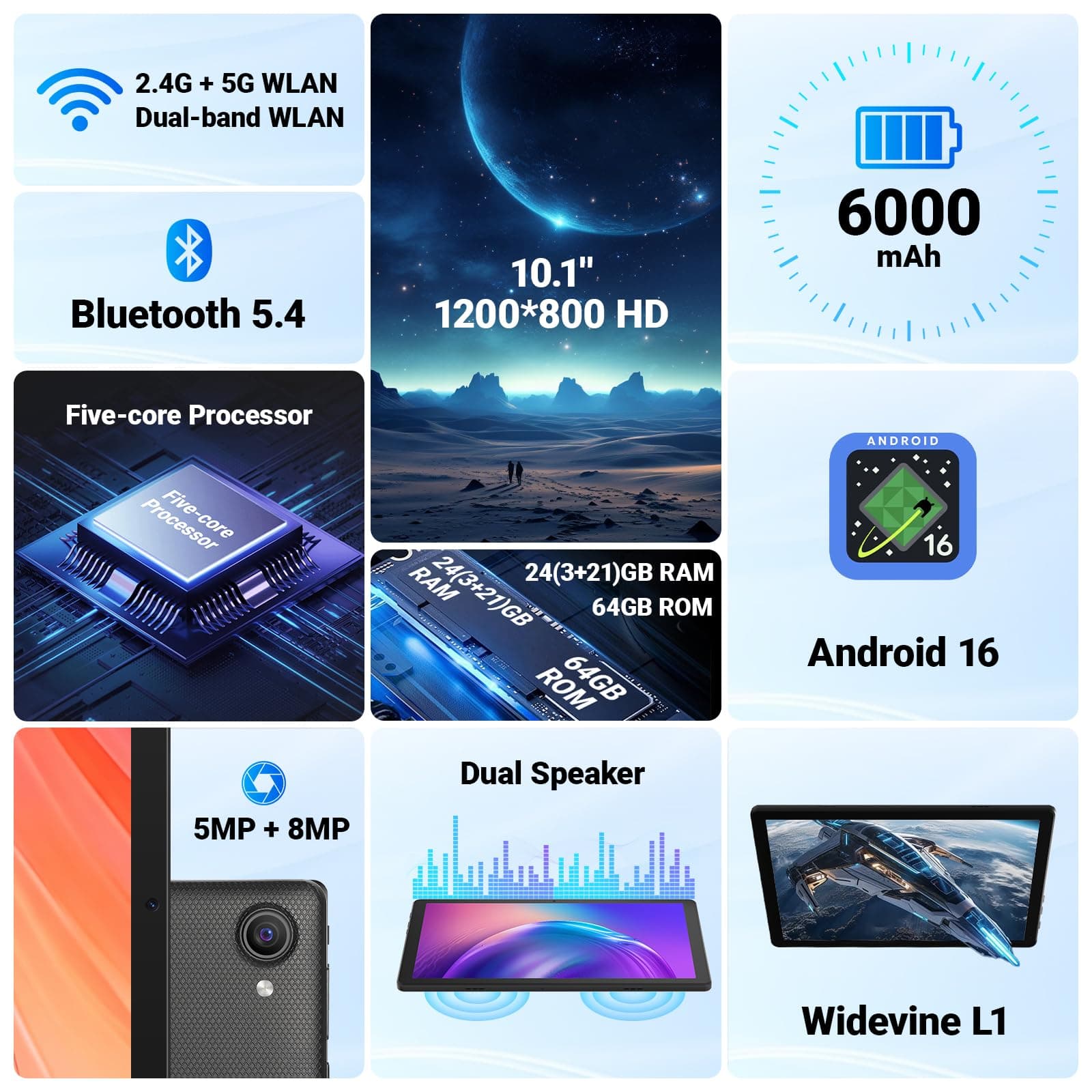 Jeazans Tablet, 10.1" Android 16 Tablet, 24GB RAM 64GB ROM 1TB Expand, 6000mAh Battery, Dual 5MP+8MP Camera, 1280x800 IPS HD Touchscreen, Widevine L1, Wi-Fi 6 BT 5.4 GMS Certified, Face Unlock, view 2