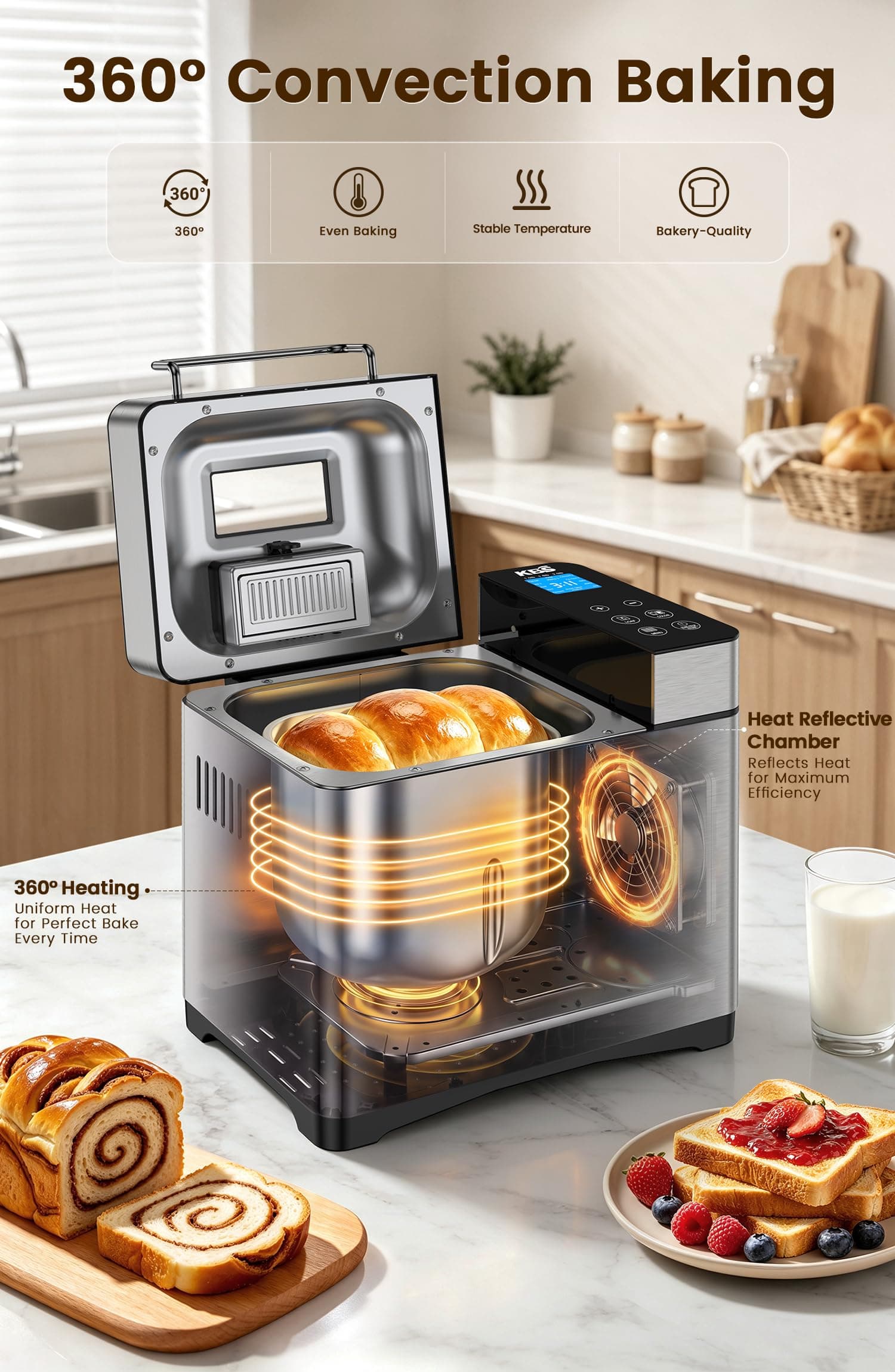 KBS Pro 710W 2.2LB Bread Maker, Stainless Steel 17-in-1 Smart Bread Machine with Healthy Ceramic Pan, Automatic Nut Dispenser, Tempered Glass Touch Panel, 3 Crust Colors, 15H Timer &Keep-Warm, Recipes, view 5