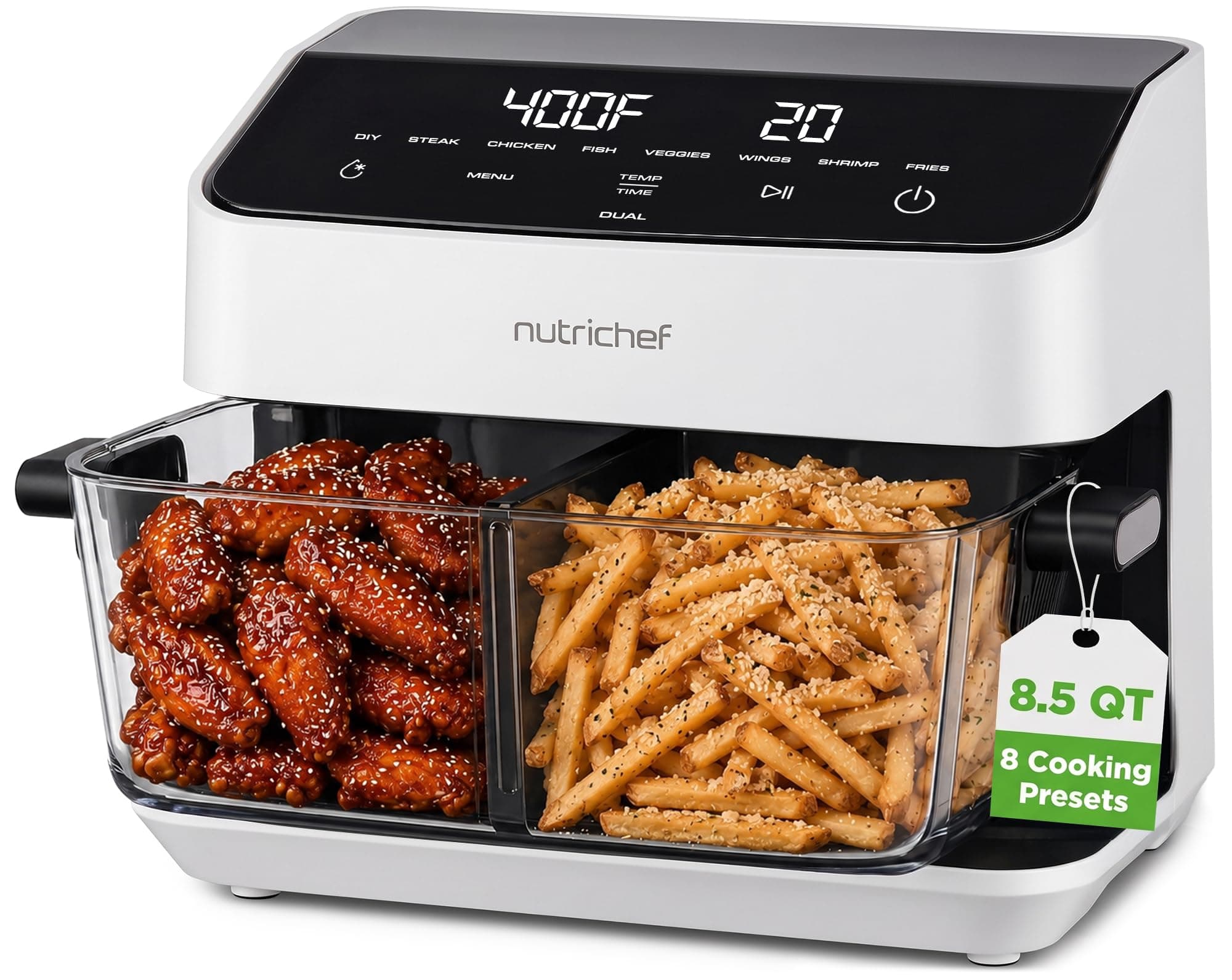 NutriChef 8.5 Quart Family Size Double Glass Basket Air Fryer | 8-in-1 Preset Dual Cook Modes | Glass Fry Bowls for Best Cooking | Cook Steak, Fries & More | Adjustable Temperature & Timer | White