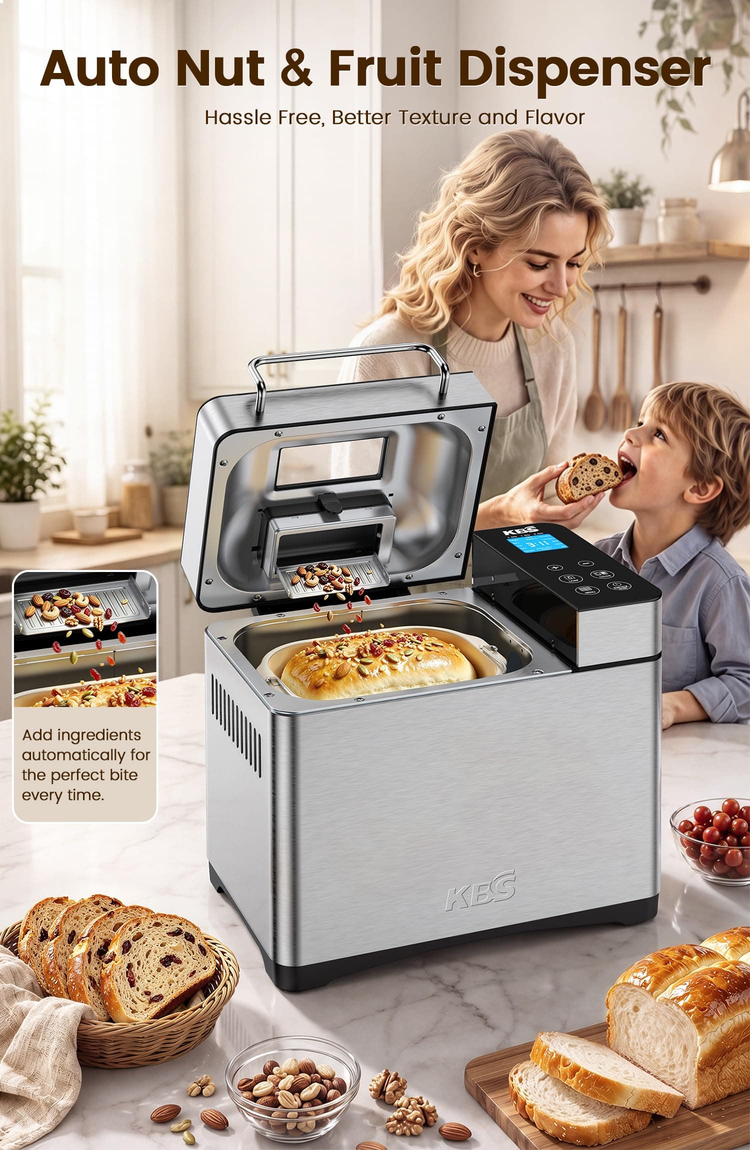 KBS Pro 710W 2.2LB Bread Maker, Stainless Steel 17-in-1 Smart Bread Machine with Healthy Ceramic Pan, Automatic Nut Dispenser, Tempered Glass Touch Panel, 3 Crust Colors, 15H Timer &Keep-Warm, Recipes, view 4