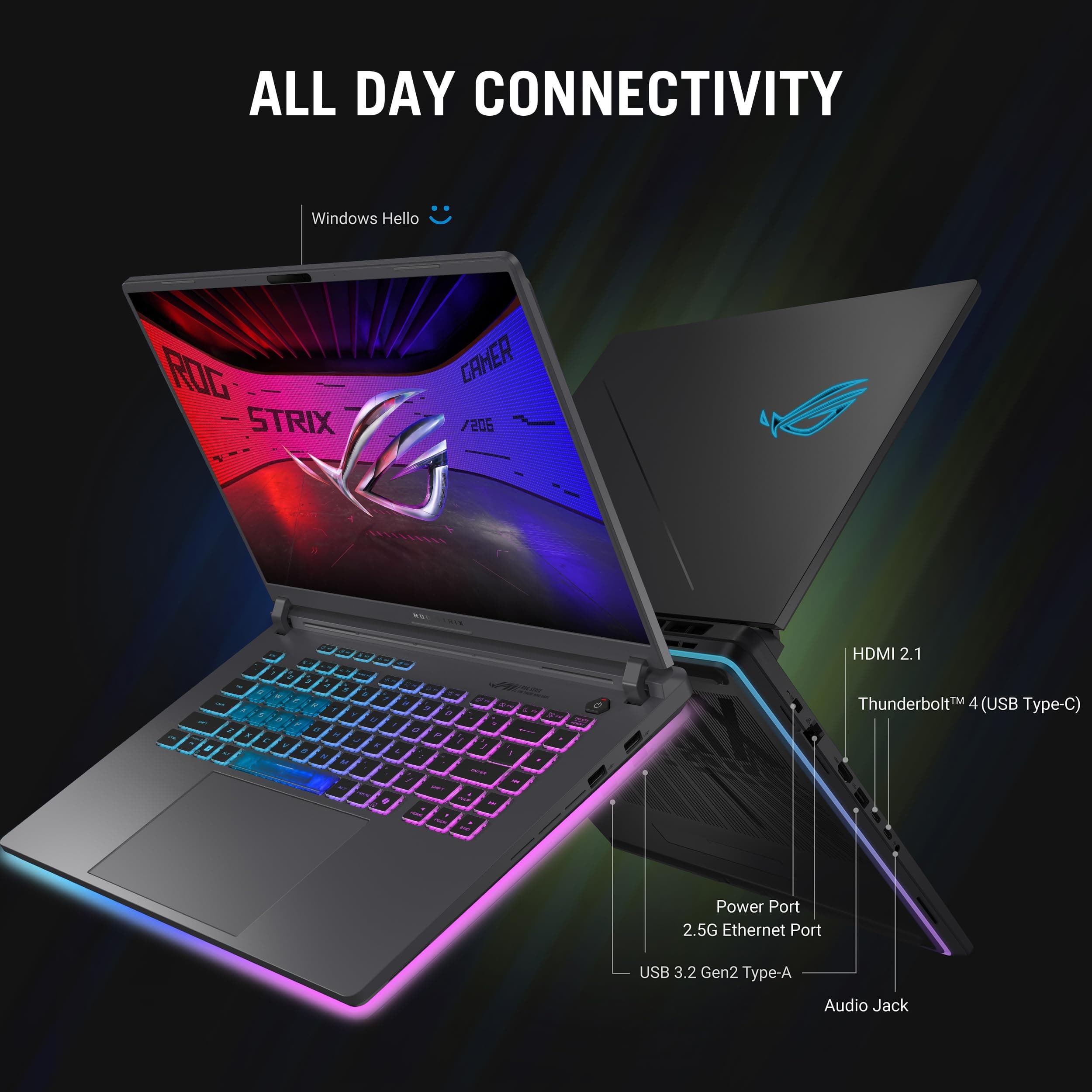 ASUS ROG Strix G16 (2025) Gaming Laptop, 16” FHD+ 16:10 165Hz/3ms, NVIDIA® GeForce RTX™ 5060, Intel® Core™ i7 Processor 14650HX, 16GB DDR5, 1TB Gen 4 SSD, Wi-Fi 7, Windows 11 Home, G615JMR-AS74, view 8