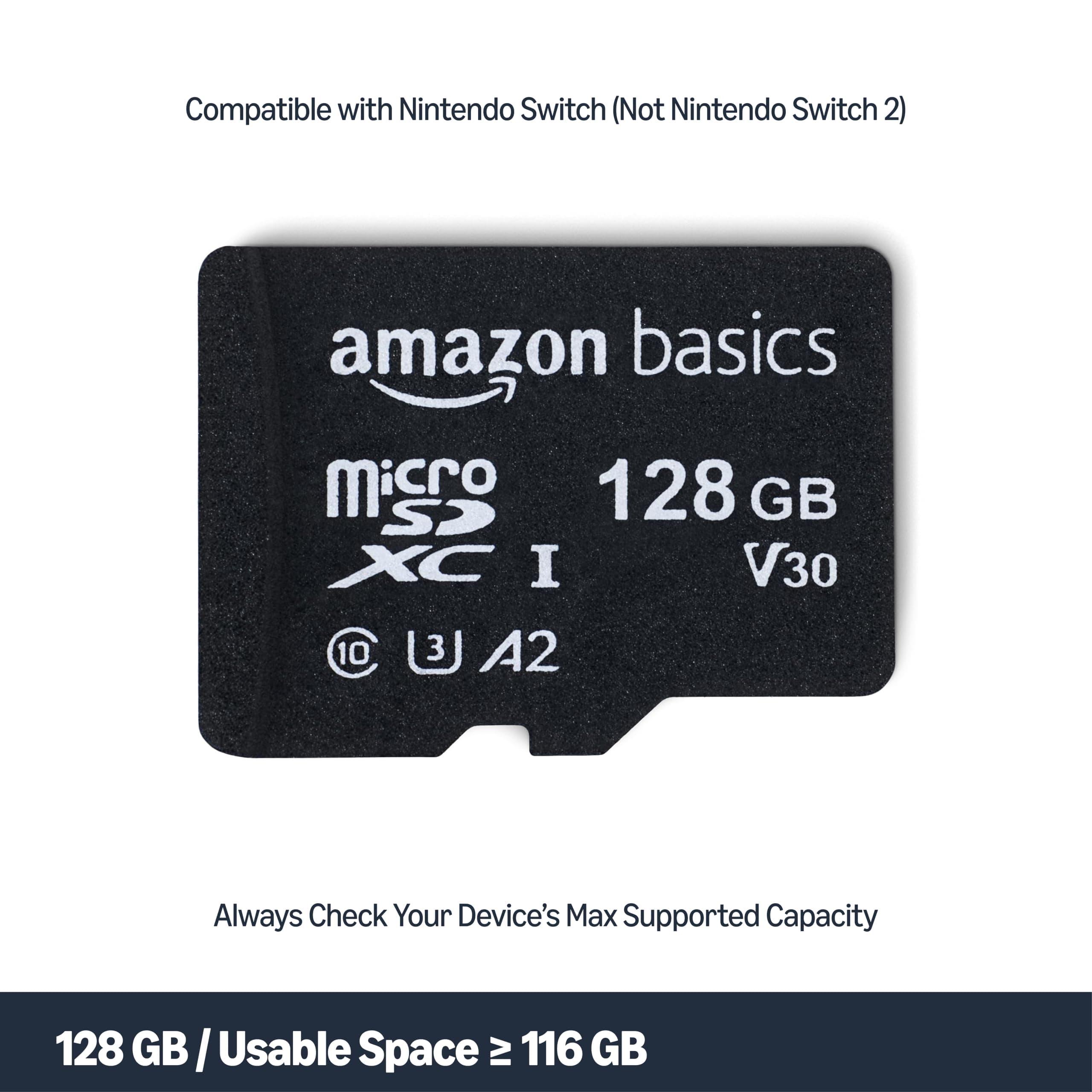 Amazon Basics microSDXC Memory Card with Full Size Adapter, A2, U3, Read Speed up to 100 MB/s, 128GB, Black, view 2