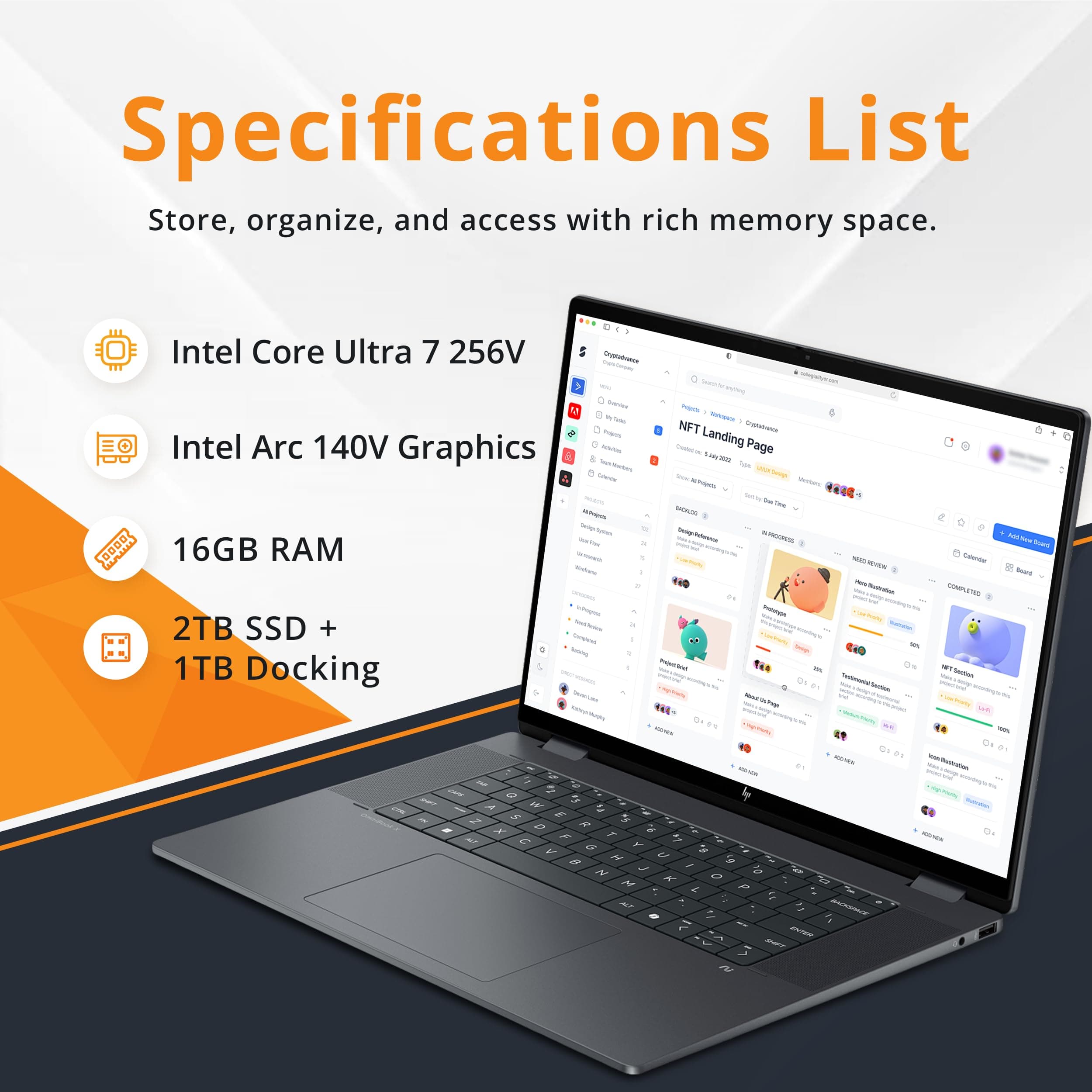 HP OmniBook X Flip 2‑in‑1 16'' 2K Touch Laptop, Intel Ultra 7 256V, 16GB LPDDR5X, 3TB Storage(2TB SSD+1TB Docking Station Set), Intel Graphics, Backlit Keyboard, Wi‑Fi 6E, Win 11, Eclipse Gray, view 2