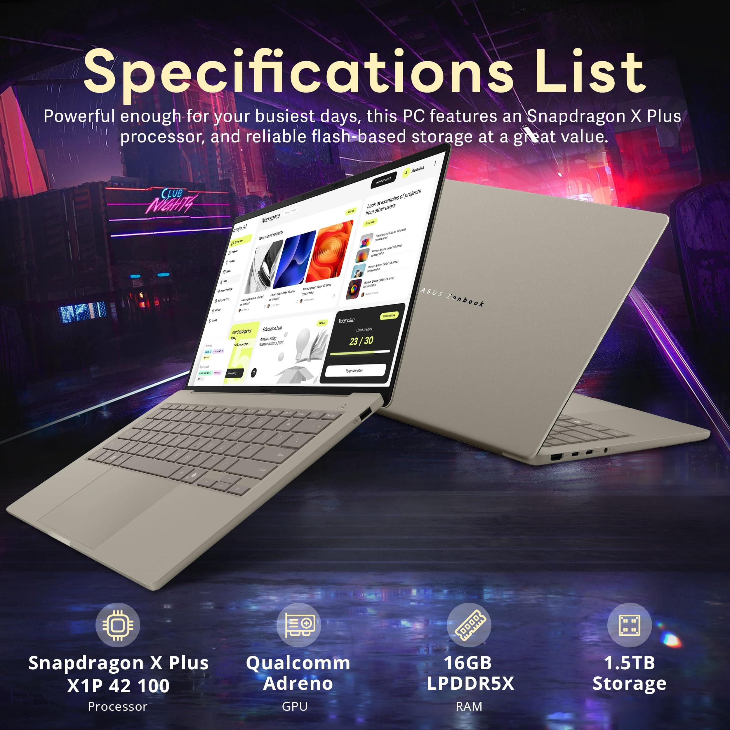 ASUS Zenbook 14" FHD+ OLED Laptop, Snapdragon X Plus X1P-42-100, 16GB LPDDR5X, 1.5TB Storage (512GB SSD+1TB Docking Station), Backlit Keyboard, Copilot, FHD IR Camera, Windows 11, Zabriskie Beige, view 3