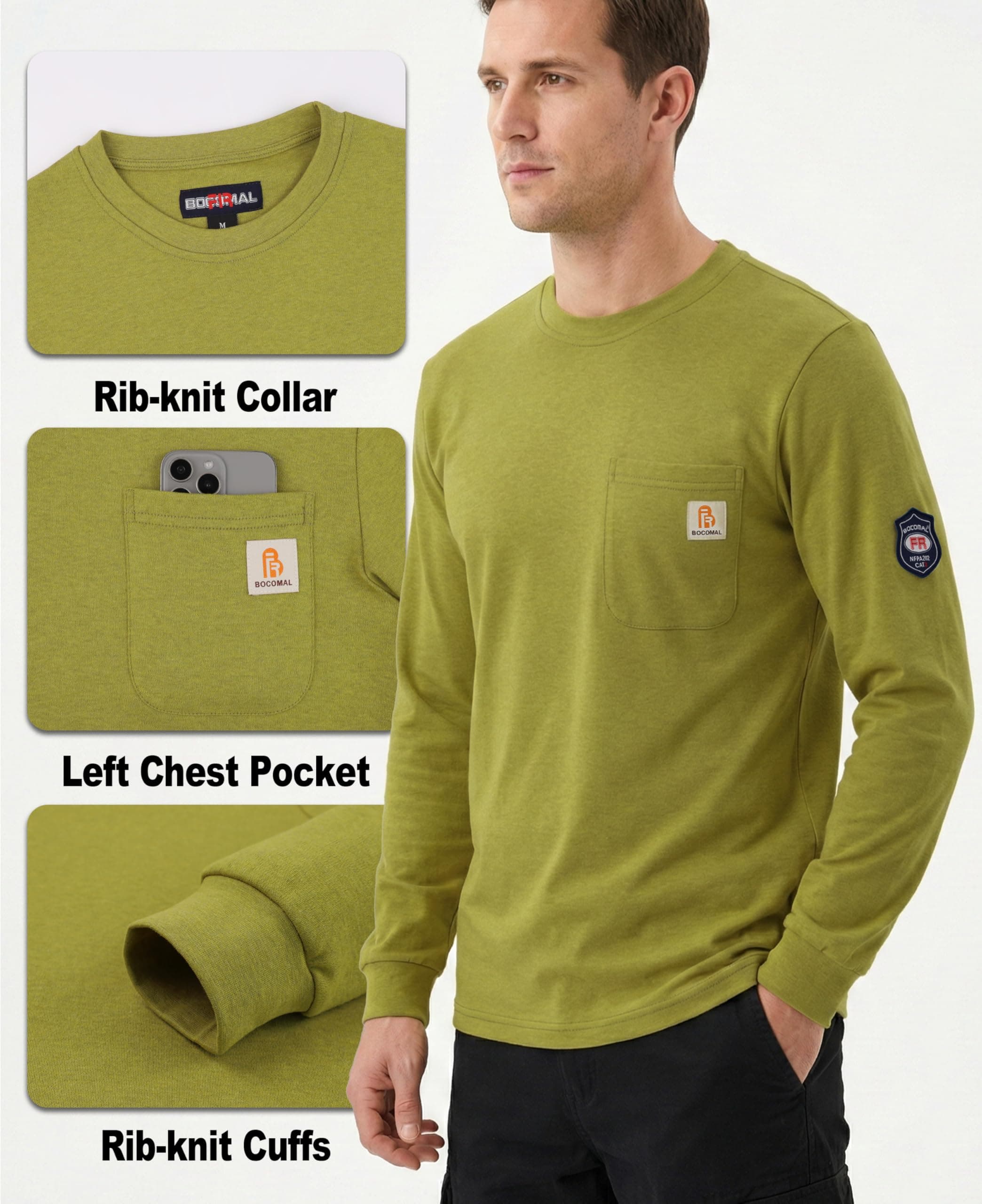 BOCOMAL Men's FR Shirts Crewneck 7oz Heavyweight Flame Resistant Work Shirt, view 4