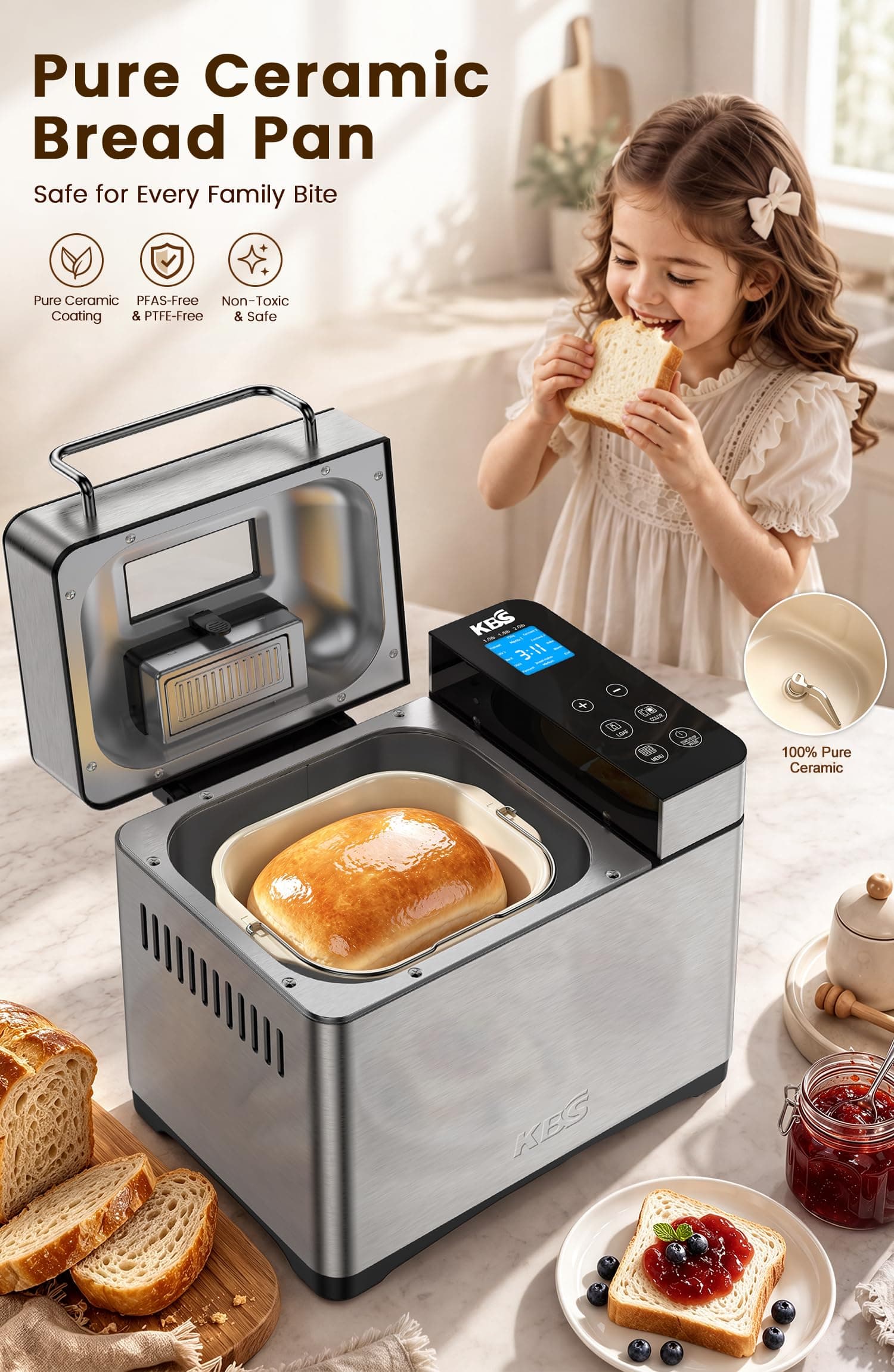 KBS Pro 710W 2.2LB Bread Maker, Stainless Steel 17-in-1 Smart Bread Machine with Healthy Ceramic Pan, Automatic Nut Dispenser, Tempered Glass Touch Panel, 3 Crust Colors, 15H Timer &Keep-Warm, Recipes, view 3