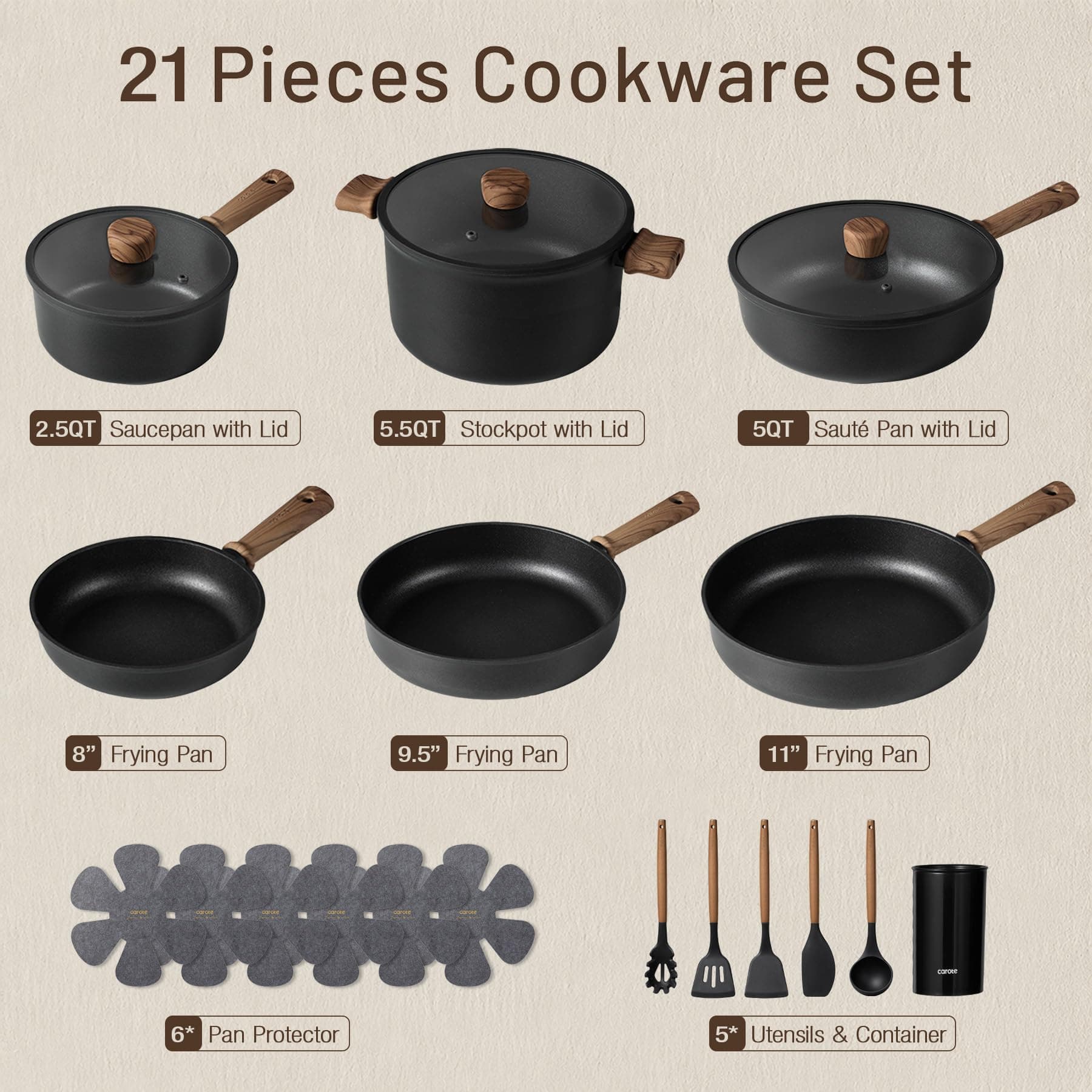 CAROTE Pots and Pans Set Nonstick Cookware Sets 21 Pieces Black, view 2