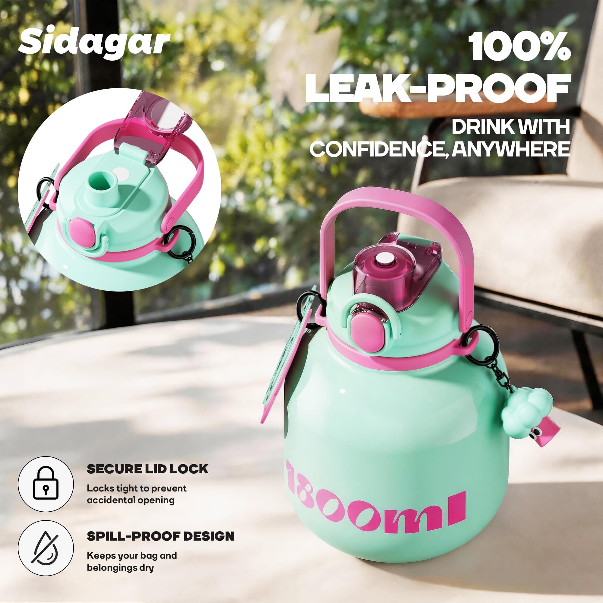 Sidagar 60 oz Half Gallon Insulated Water Bottle with Straw, Green, view 3