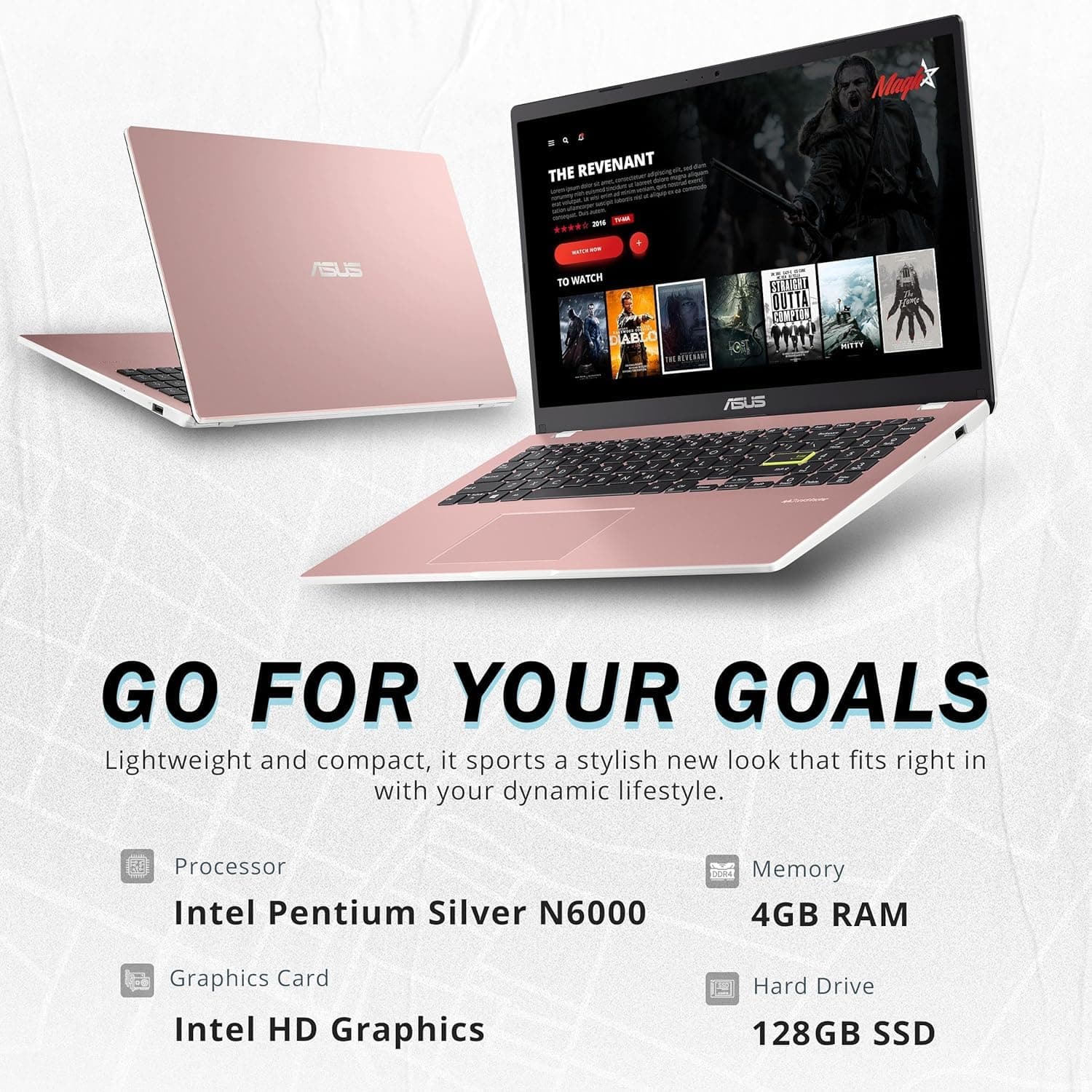 ASUS Vivobook Go 15.6" FHD Laptop, Intel Pentium Silver N6000, 4GB RAM, 128GB SSD Drive, Intel HD Graphics, HD Webcam, Wi-Fi 5, with 1-Year Office 365, Win11, Pink, view 7