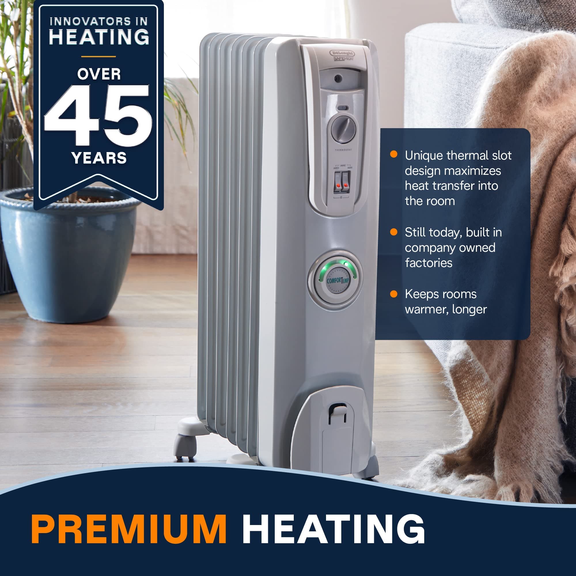 De'Longhi Oil filled Radiator Heater, 1500W Electric Space Heater for indoor use, portable room heater, Energy Saving, full room like office and bedroom with safety features, EW7707CM, view 2