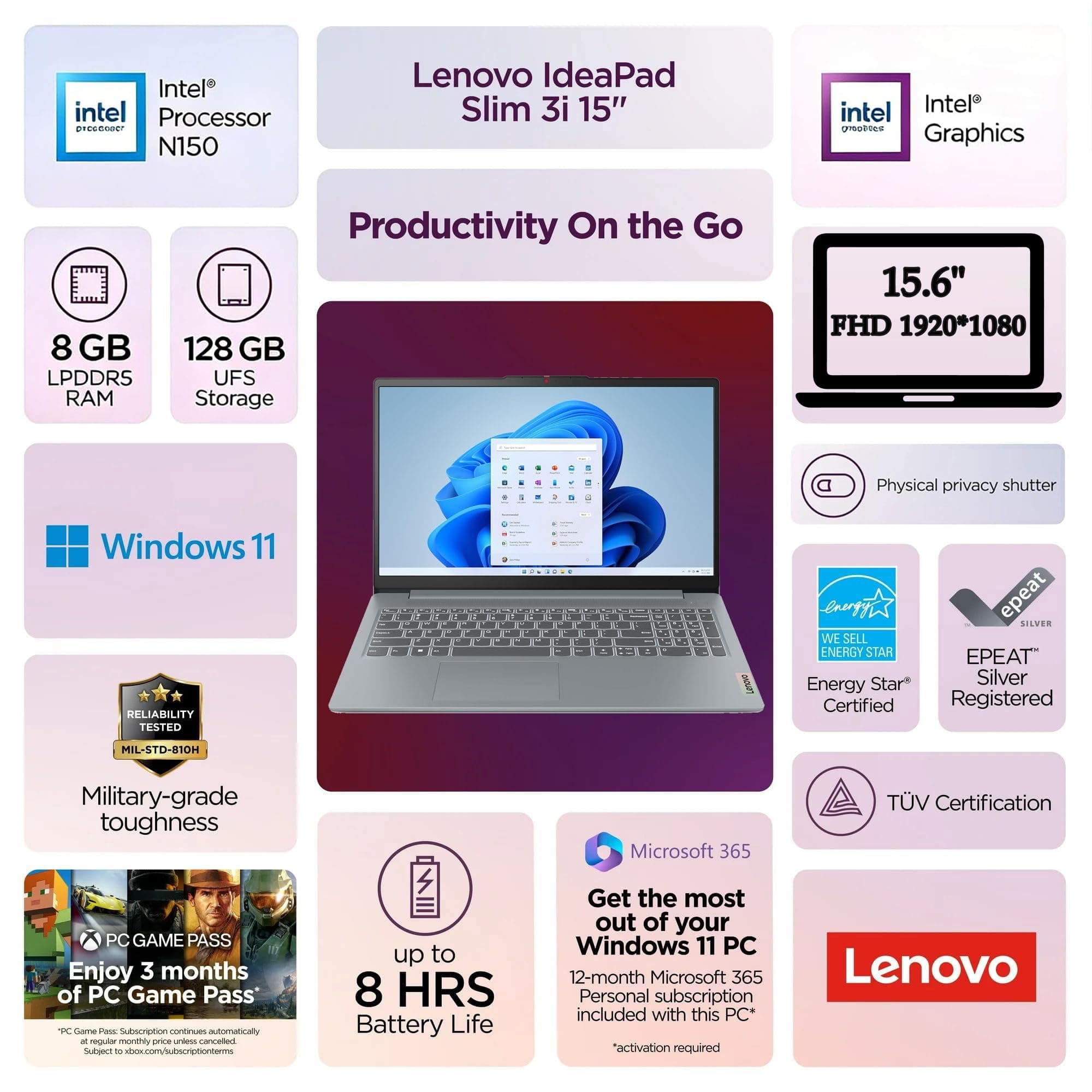 Lenovo Essential 15.6" FHD Laptop, Intel Processor, 8GB DDR5, 128GB SSD, view 2