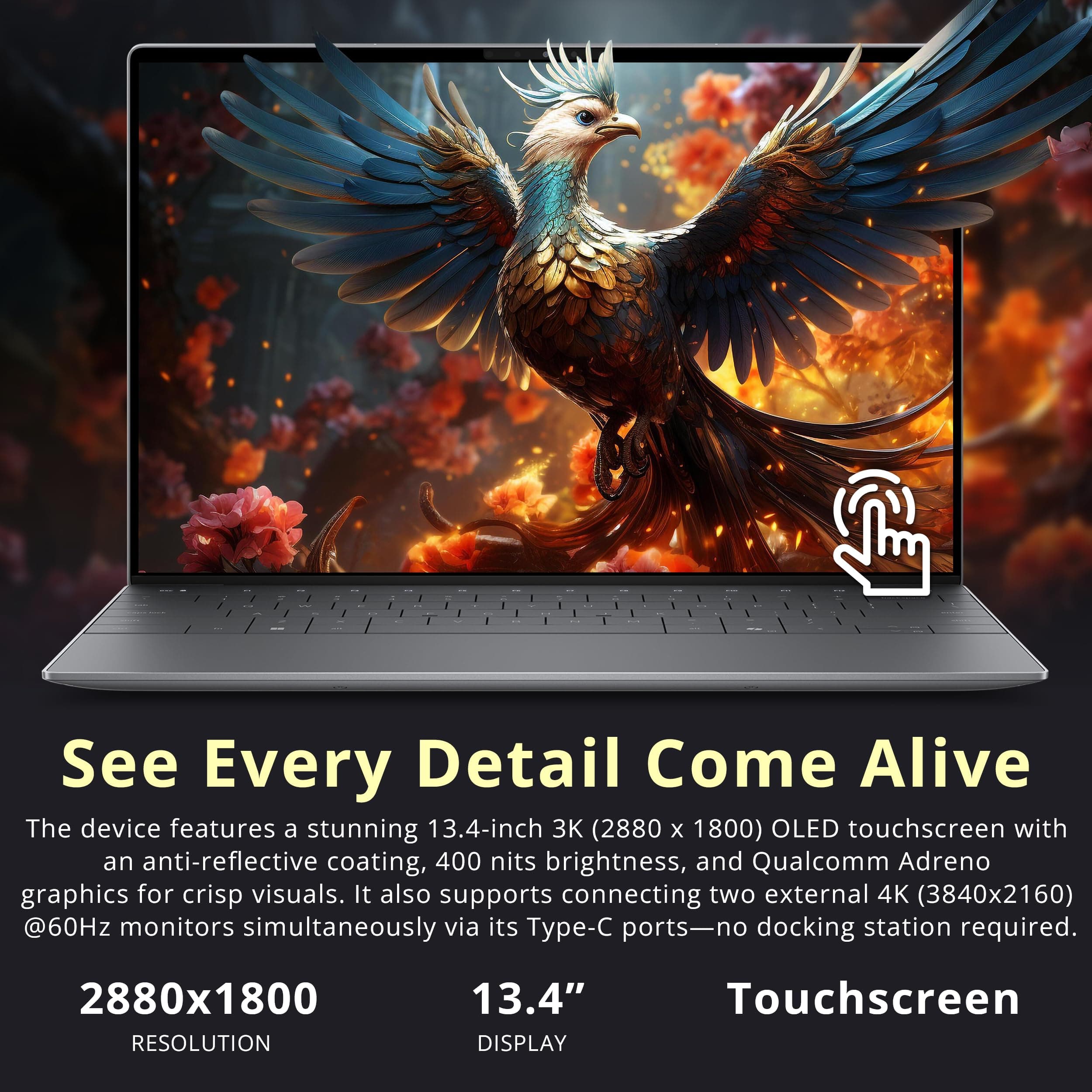 Dell XPS 13 9345, 13.4" 3K OLED Touch Laptop, 16GB RAM, 1.5TB Storage (512GB SSD+1TB Docking Station), Snapdragon X Elite X1E-80-100, Copilot+ PC, Backlit Keyboard, Fingerprint, Win 11 Pro, Graphite, view 4
